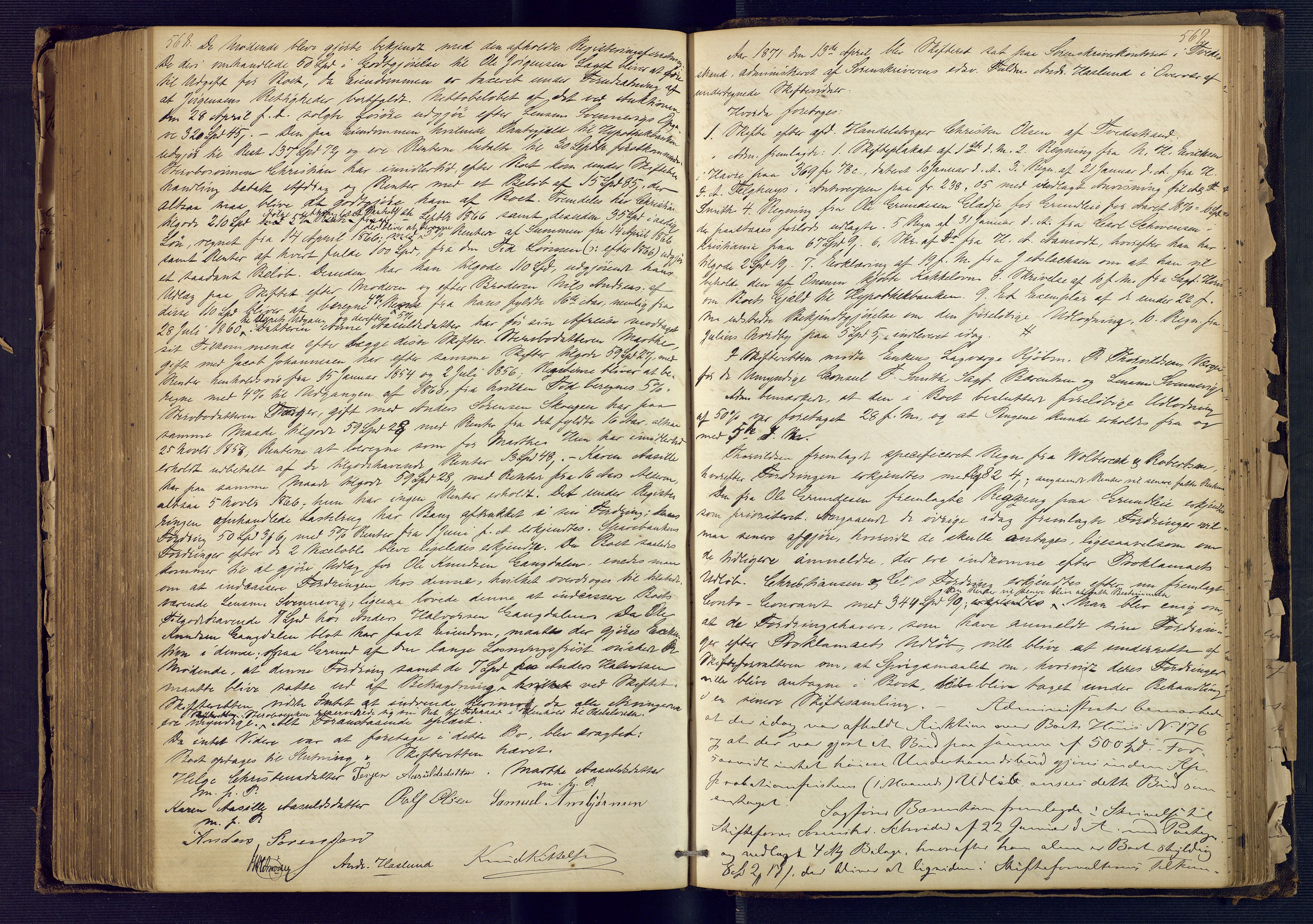 Holt sorenskriveri, AV/SAK-1221-0002/H/Hc/L0014: Skiftebehandlingsprotokoll nr. 5, 1865-1875, p. 568-569
