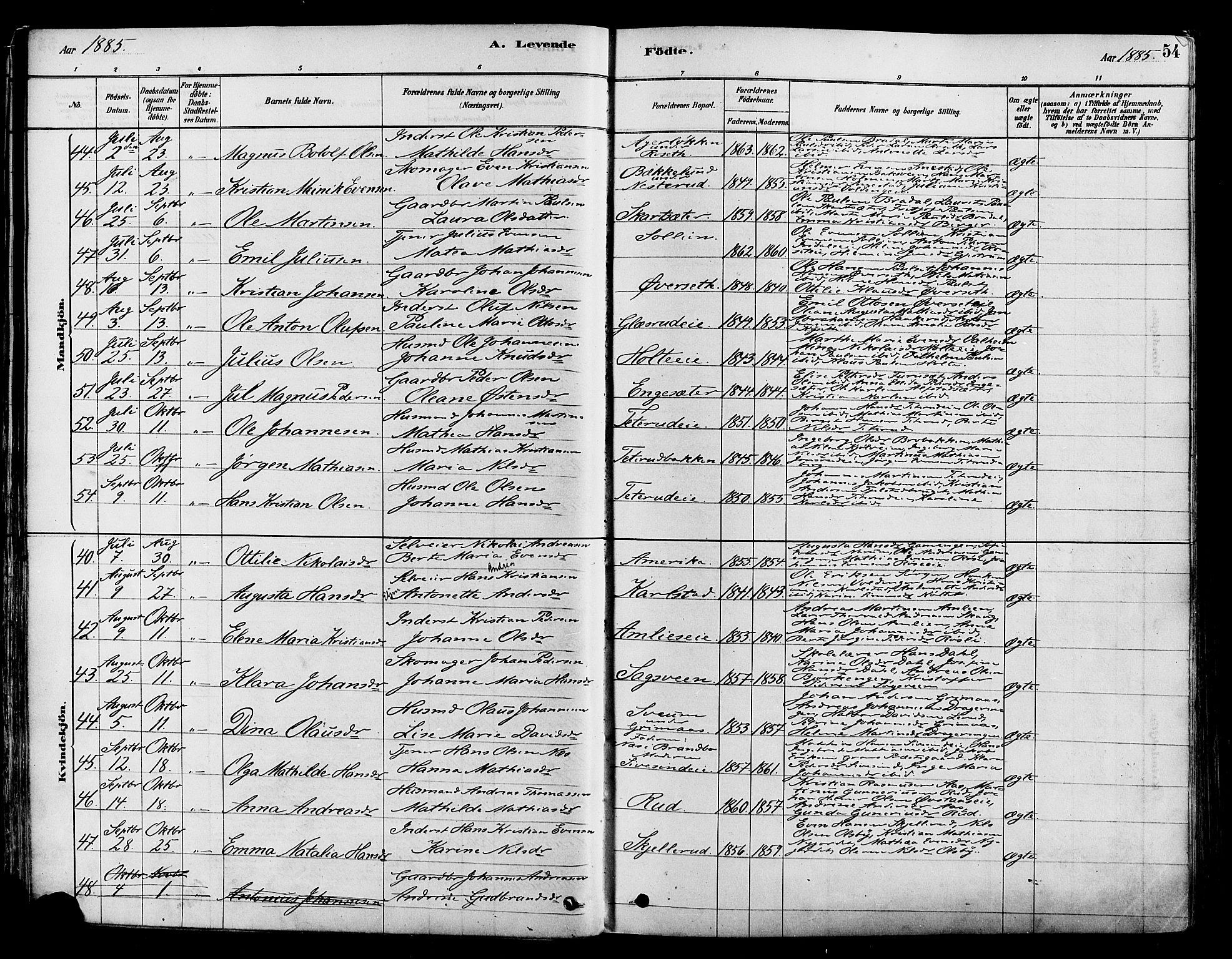 Vestre Toten prestekontor, AV/SAH-PREST-108/H/Ha/Haa/L0009: Parish register (official) no. 9, 1878-1894, p. 54