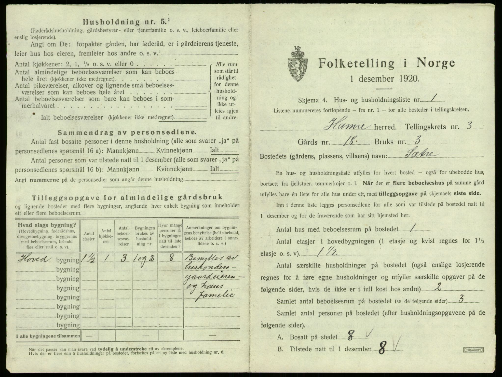 SAB, 1920 census for Hamre, 1920, p. 200