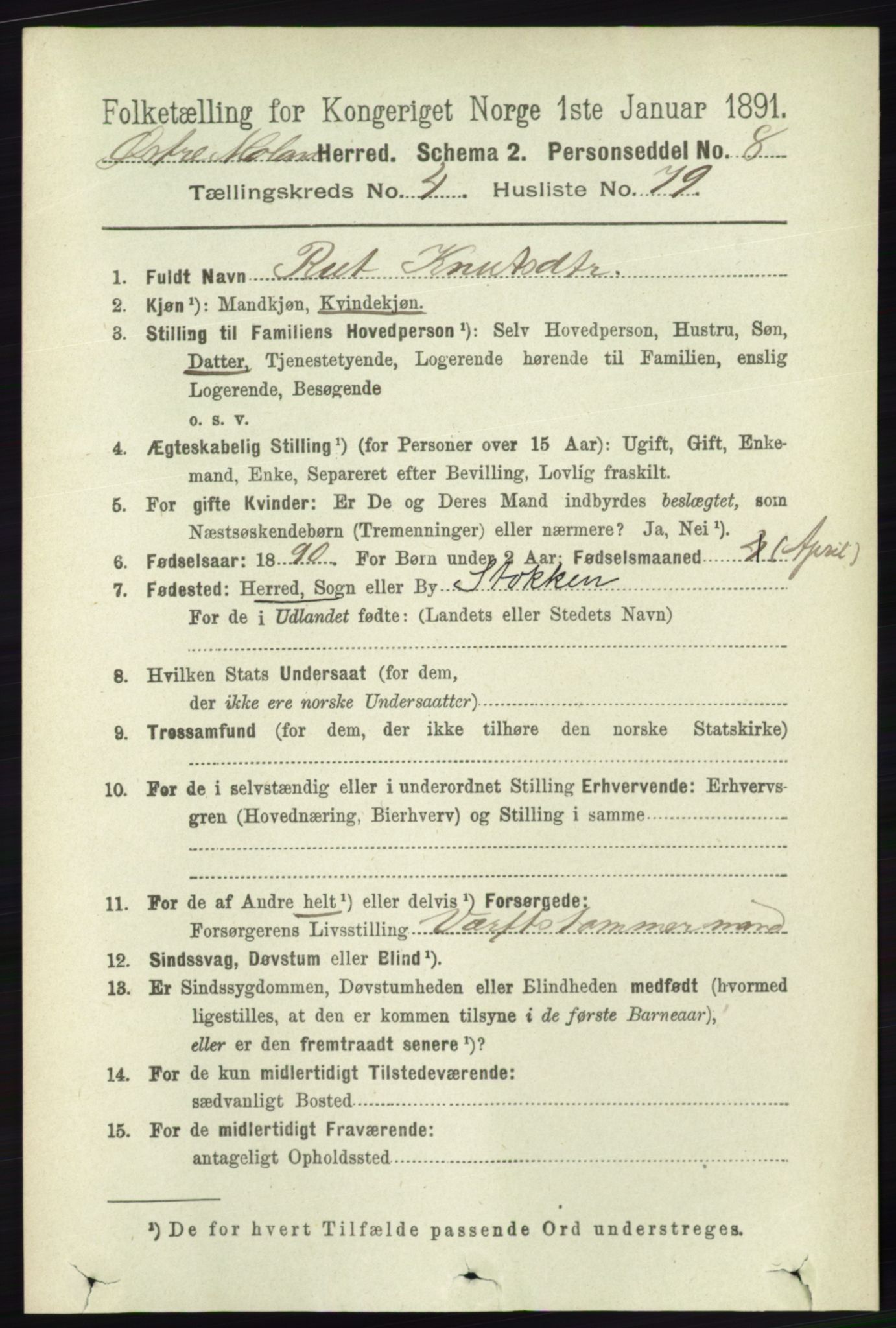RA, 1891 census for 0918 Austre Moland, 1891, p. 2481