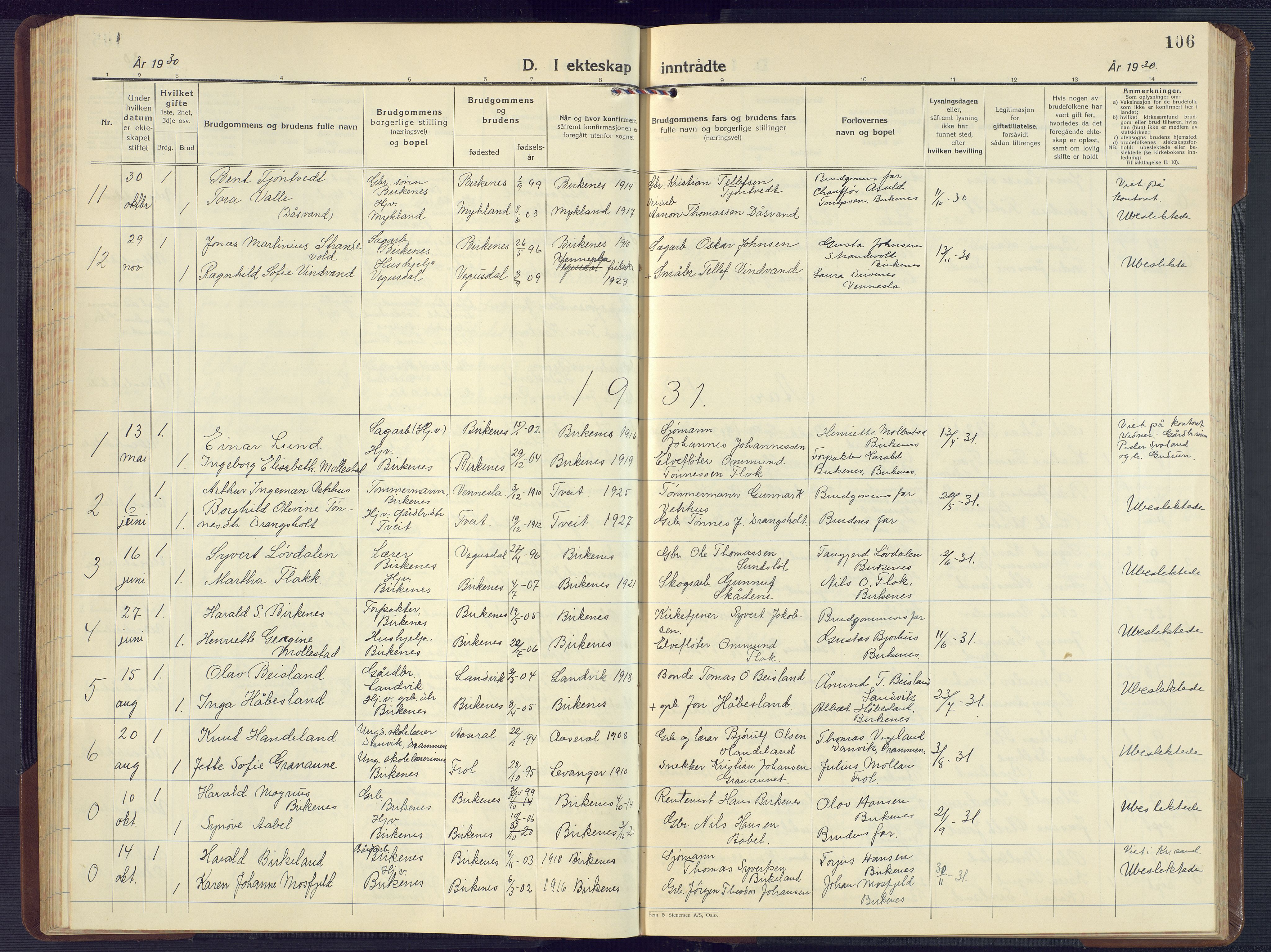 Birkenes sokneprestkontor, SAK/1111-0004/F/Fb/L0005: Parish register (copy) no. B 5, 1930-1957, p. 106