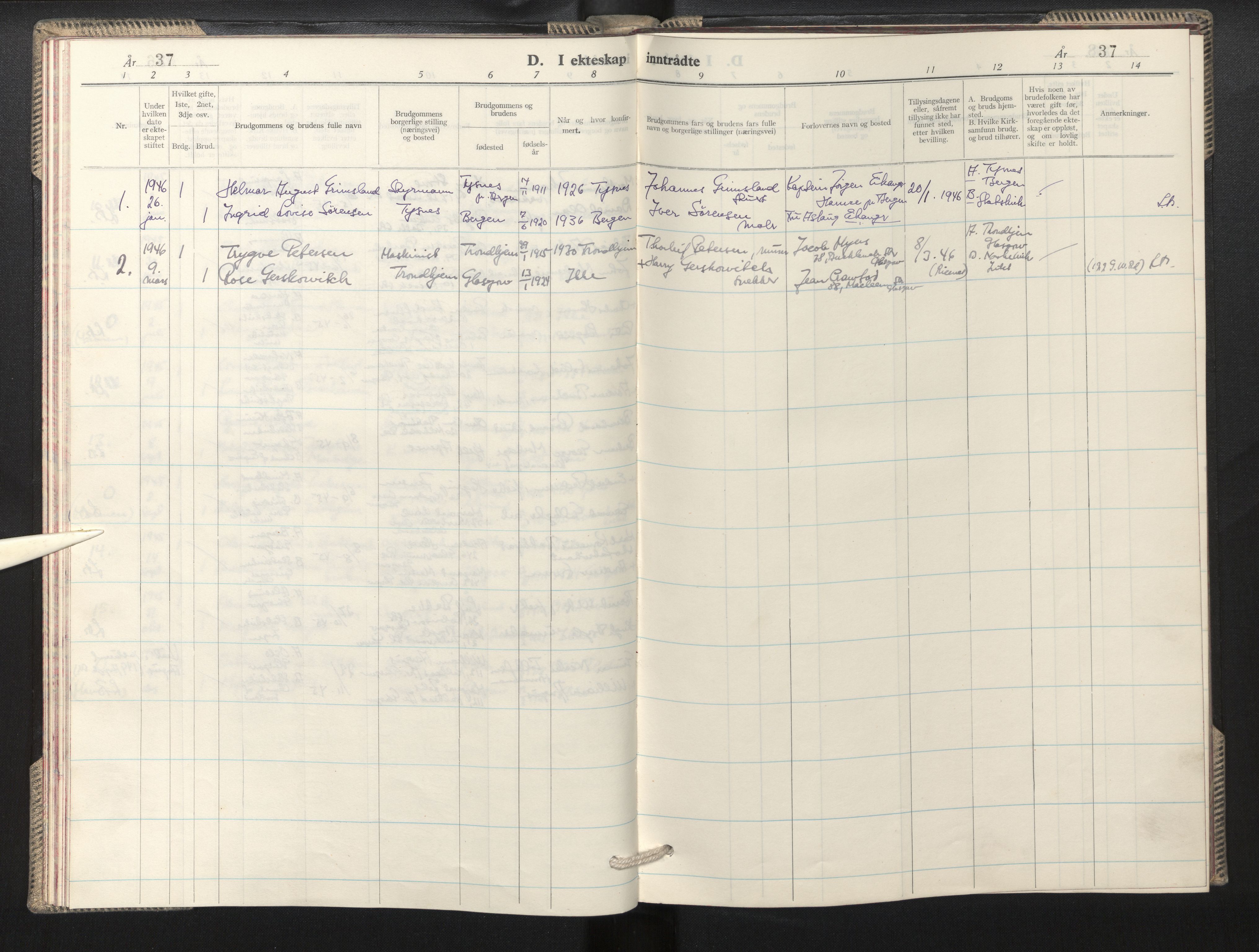 Den norske sjømannsmisjon i utlandet/Skotske havner (Leith, Glasgow), SAB/SAB/PA-0100/H/Ha/Hab/L0002: Parish register (official) no. A 2, 1940-1946, p. 37