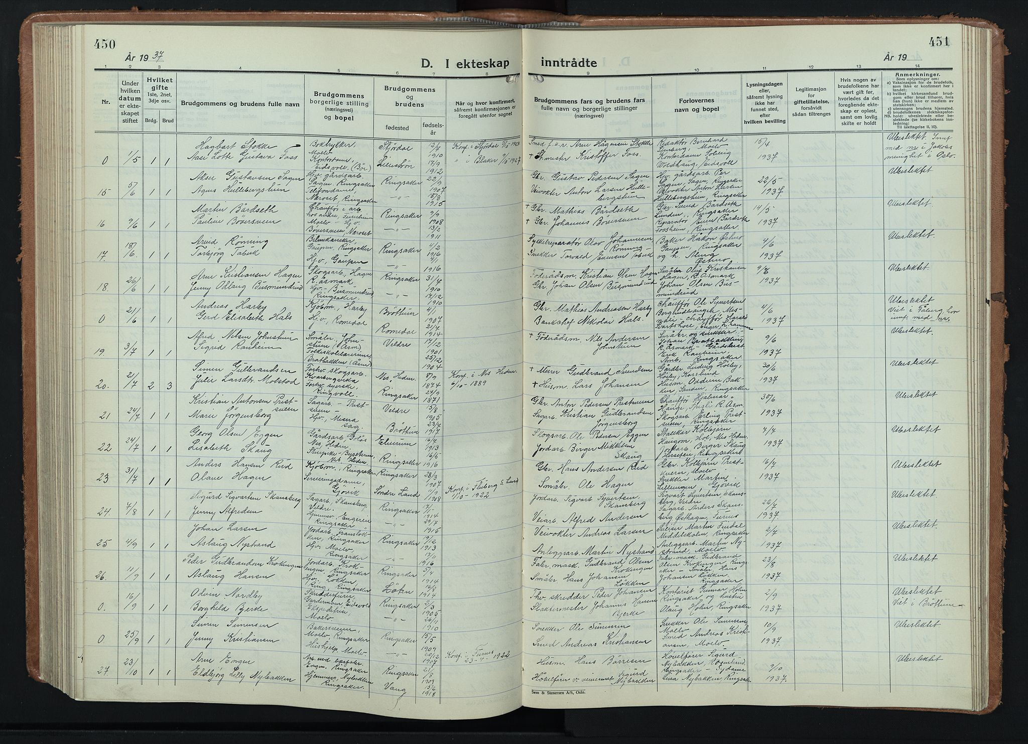Ringsaker prestekontor, AV/SAH-PREST-014/L/La/L0020: Parish register (copy) no. 20, 1934-1946, p. 450-451