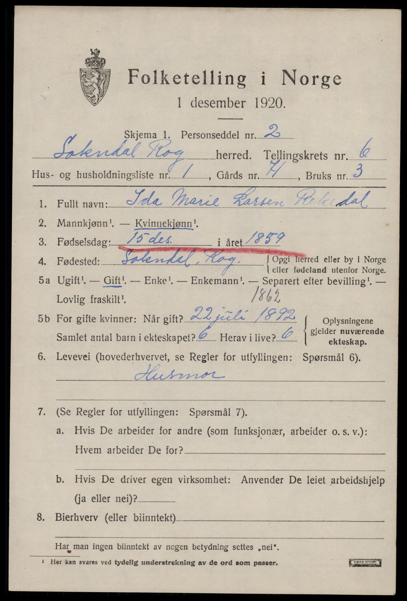 SAST, 1920 census for Sokndal, 1920, p. 3527