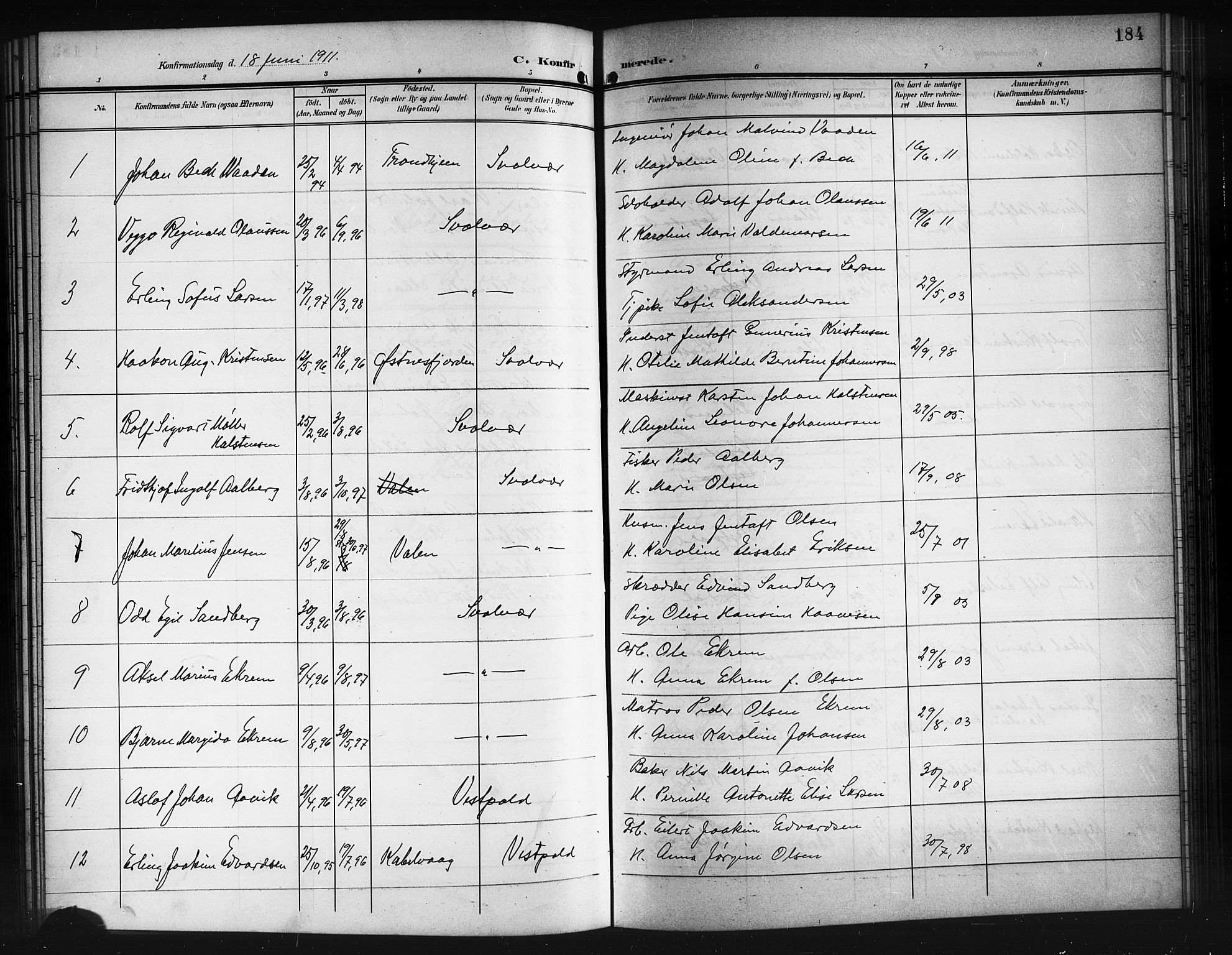 Ministerialprotokoller, klokkerbøker og fødselsregistre - Nordland, SAT/A-1459/874/L1079: Parish register (copy) no. 874C08, 1907-1915, p. 184