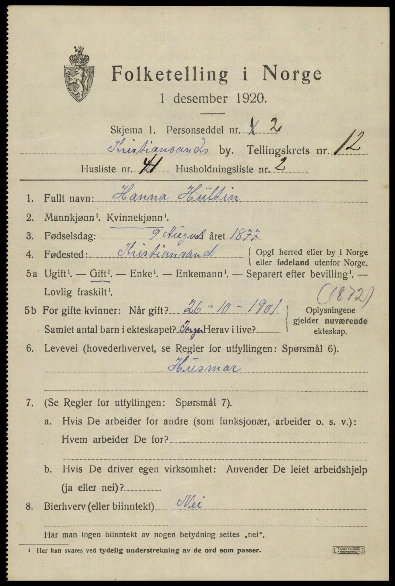 SAK, 1920 census for Kristiansand, 1920, p. 26745