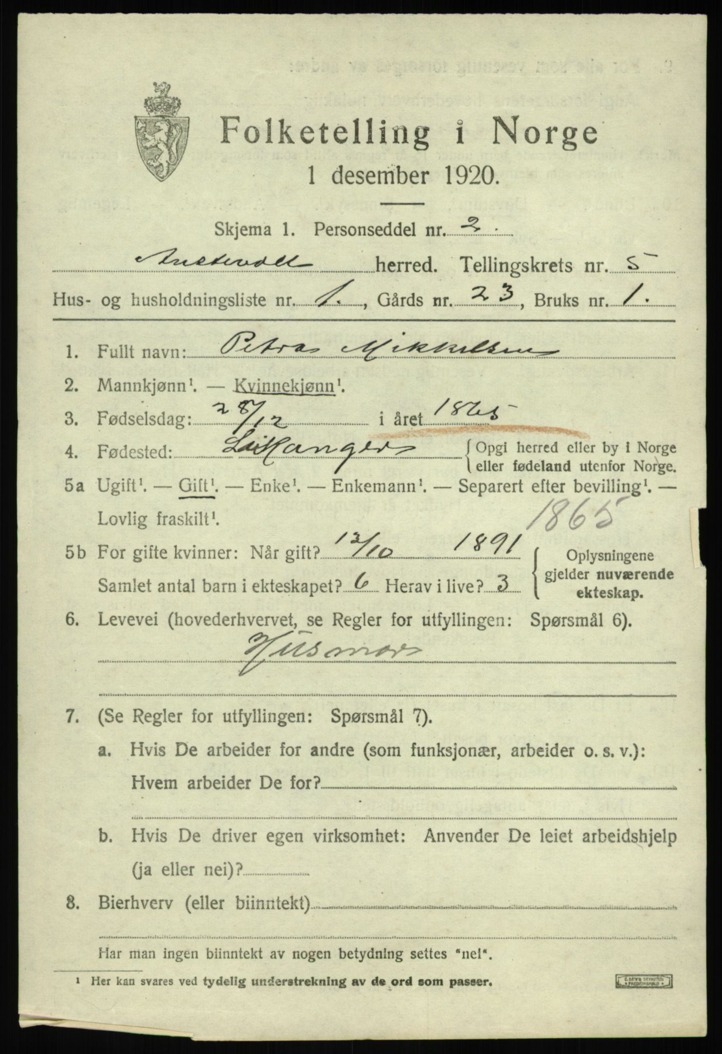 SAB, 1920 census for Austevoll, 1920, p. 2958