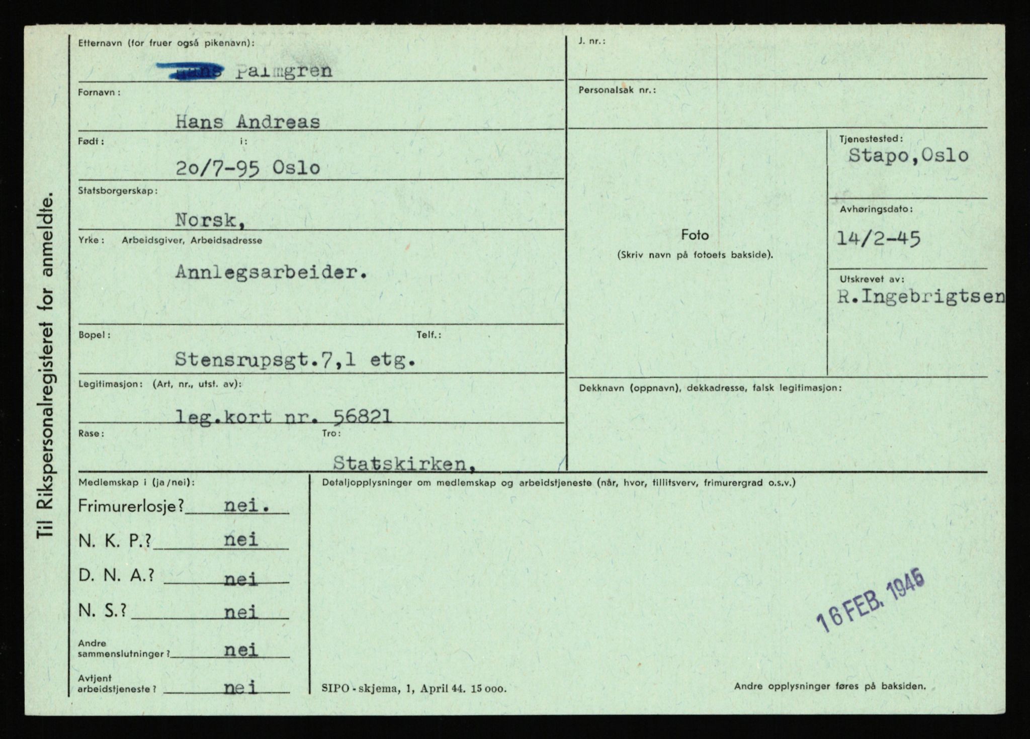 Statspolitiet - Hovedkontoret / Osloavdelingen, AV/RA-S-1329/C/Ca/L0012: Oanæs - Quistgaard	, 1943-1945, p. 2897