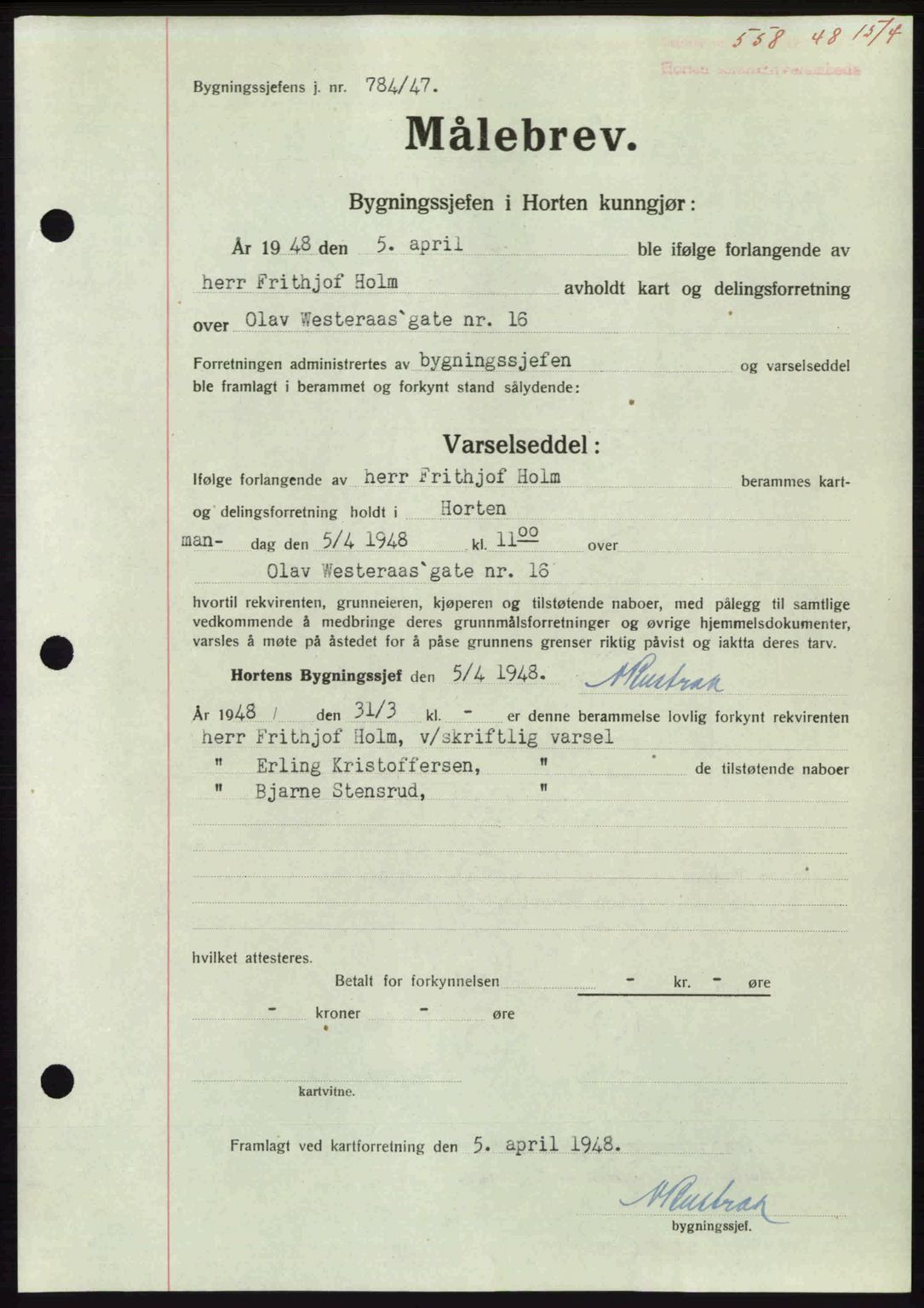 Horten sorenskriveri, AV/SAKO-A-133/G/Ga/Gaa/L0010: Mortgage book no. A-10, 1947-1948, Diary no: : 558/1948