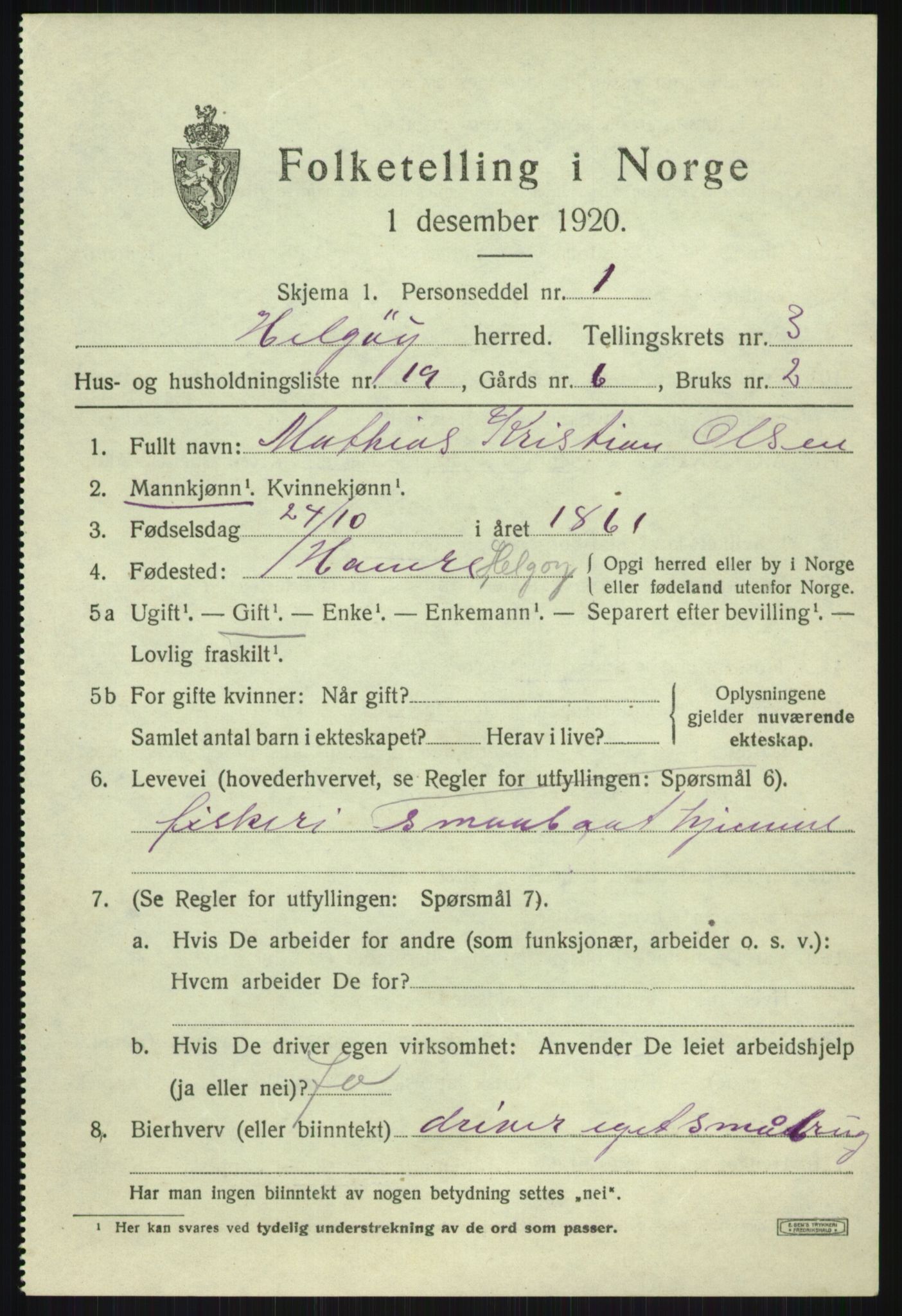 SATØ, 1920 census for Helgøy, 1920, p. 1627