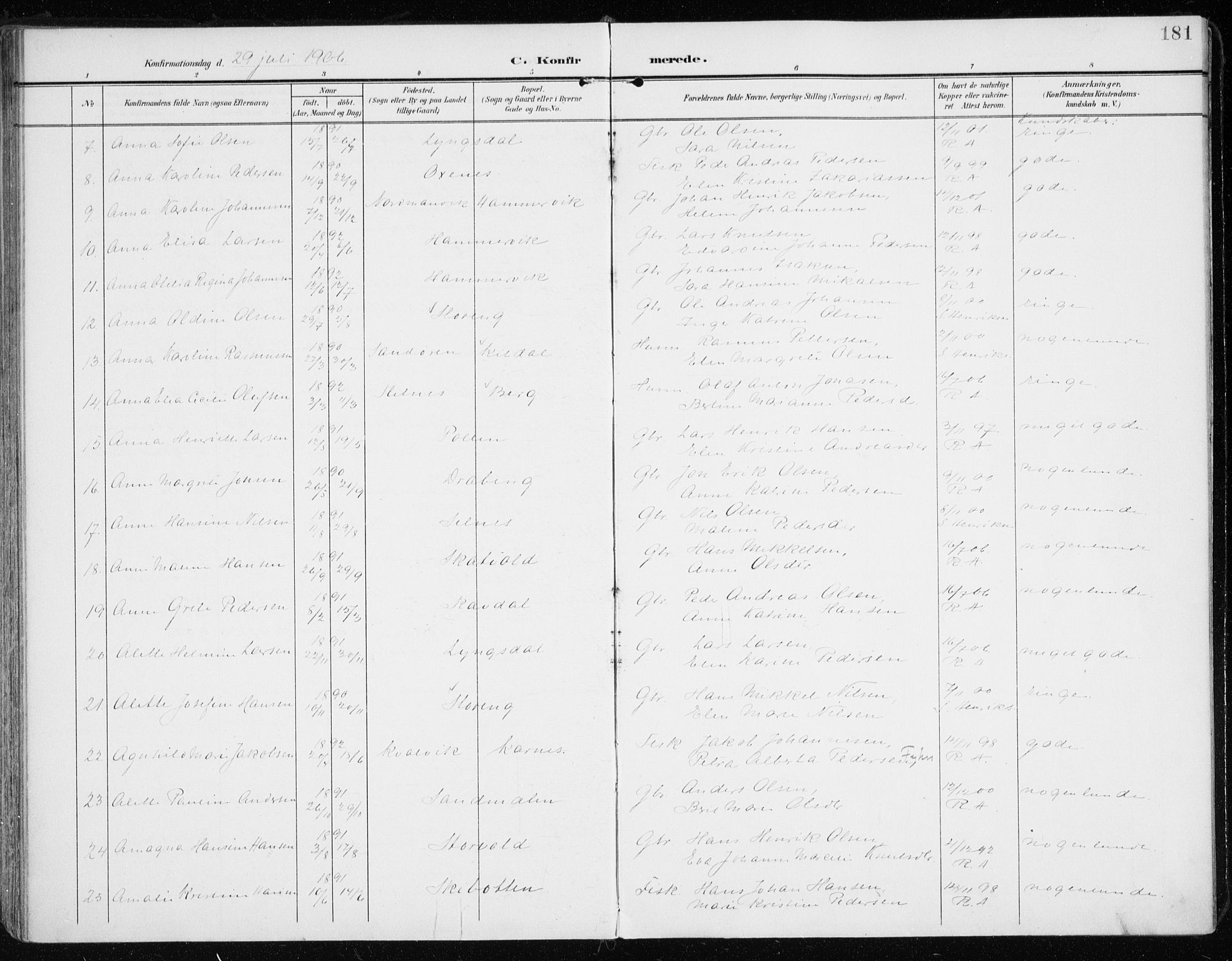 Lyngen sokneprestembete, AV/SATØ-S-1289/H/He/Hea/L0011kirke: Parish register (official) no. 11, 1903-1913, p. 181