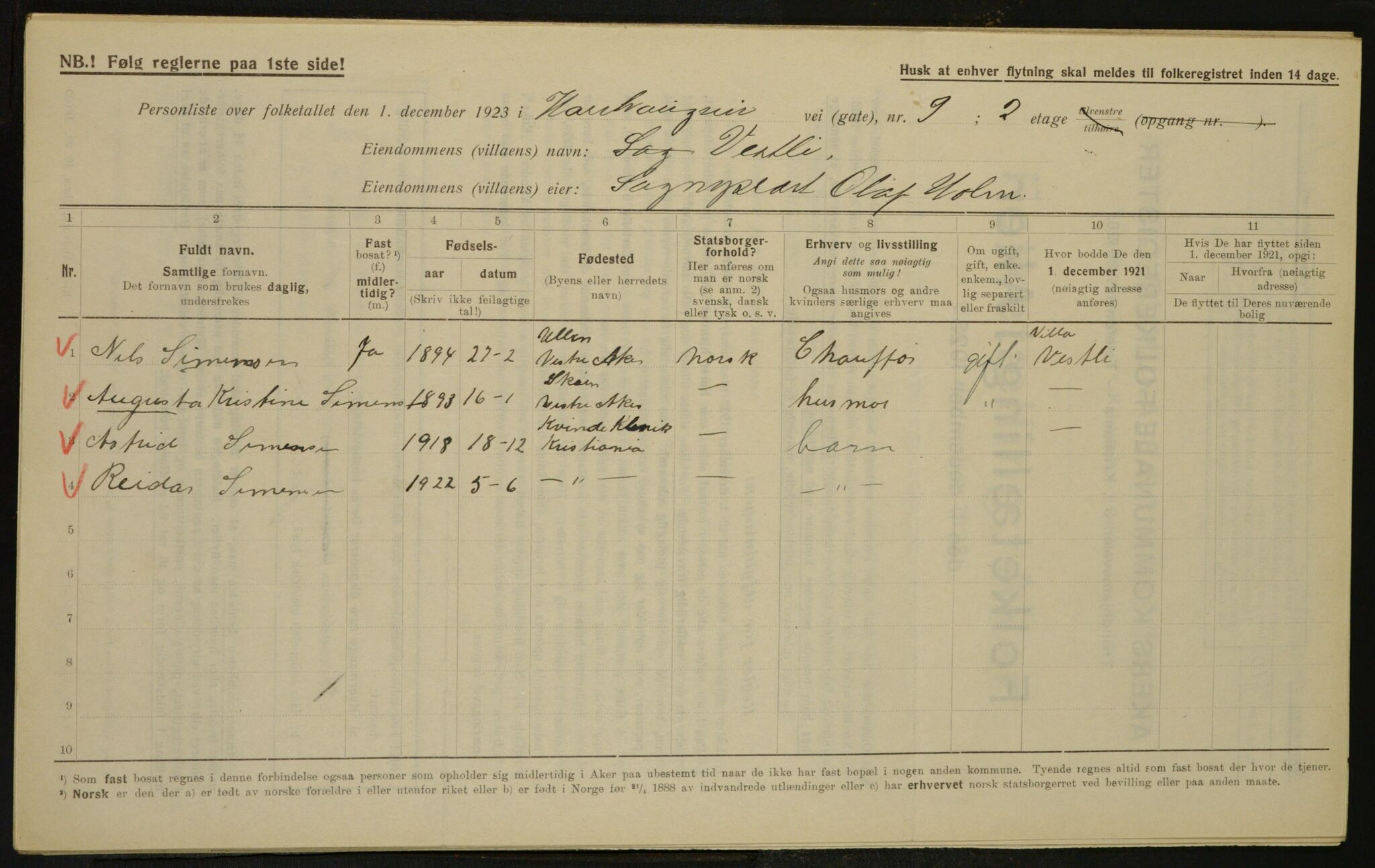 , Municipal Census 1923 for Aker, 1923, p. 4121