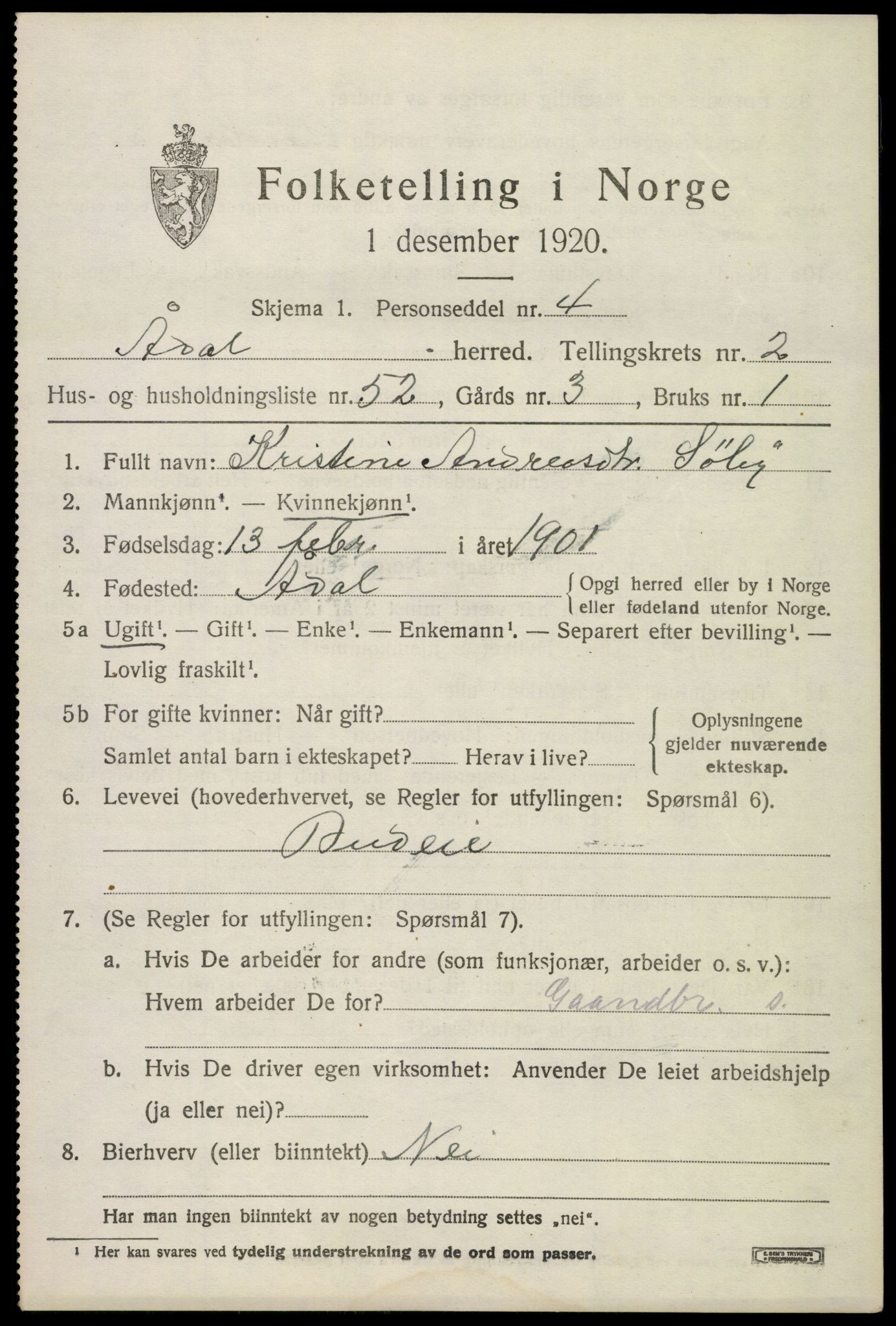 SAKO, 1920 census for Ådal, 1920, p. 2788