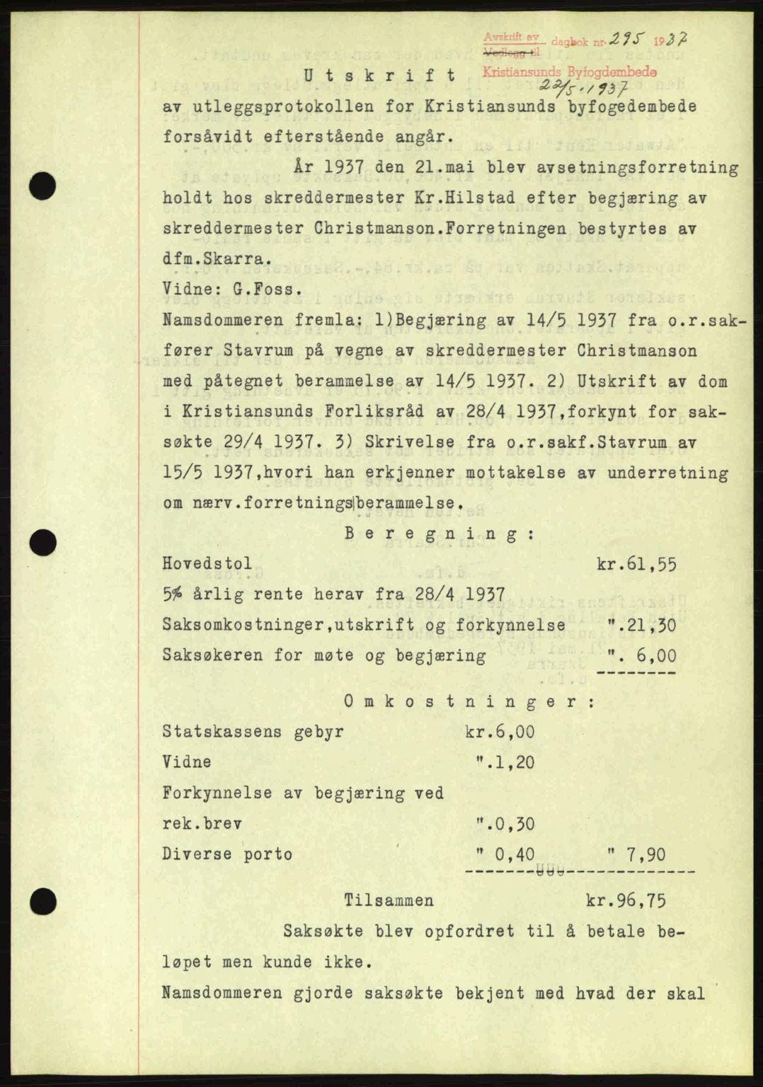 Kristiansund byfogd, AV/SAT-A-4587/A/27: Mortgage book no. 29, 1936-1937, Diary no: : 295/1937