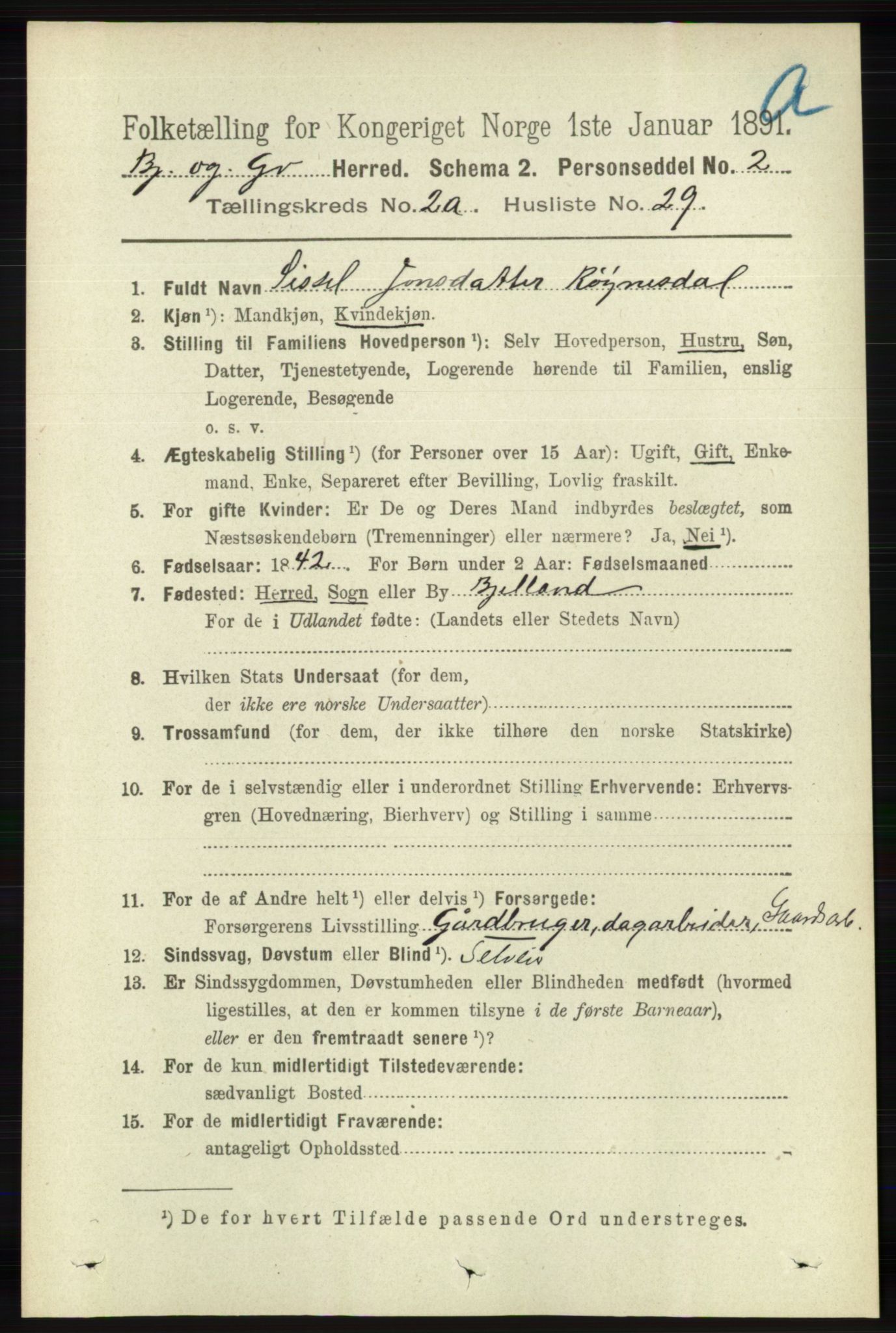 RA, 1891 census for 1024 Bjelland og Grindheim, 1891, p. 1292