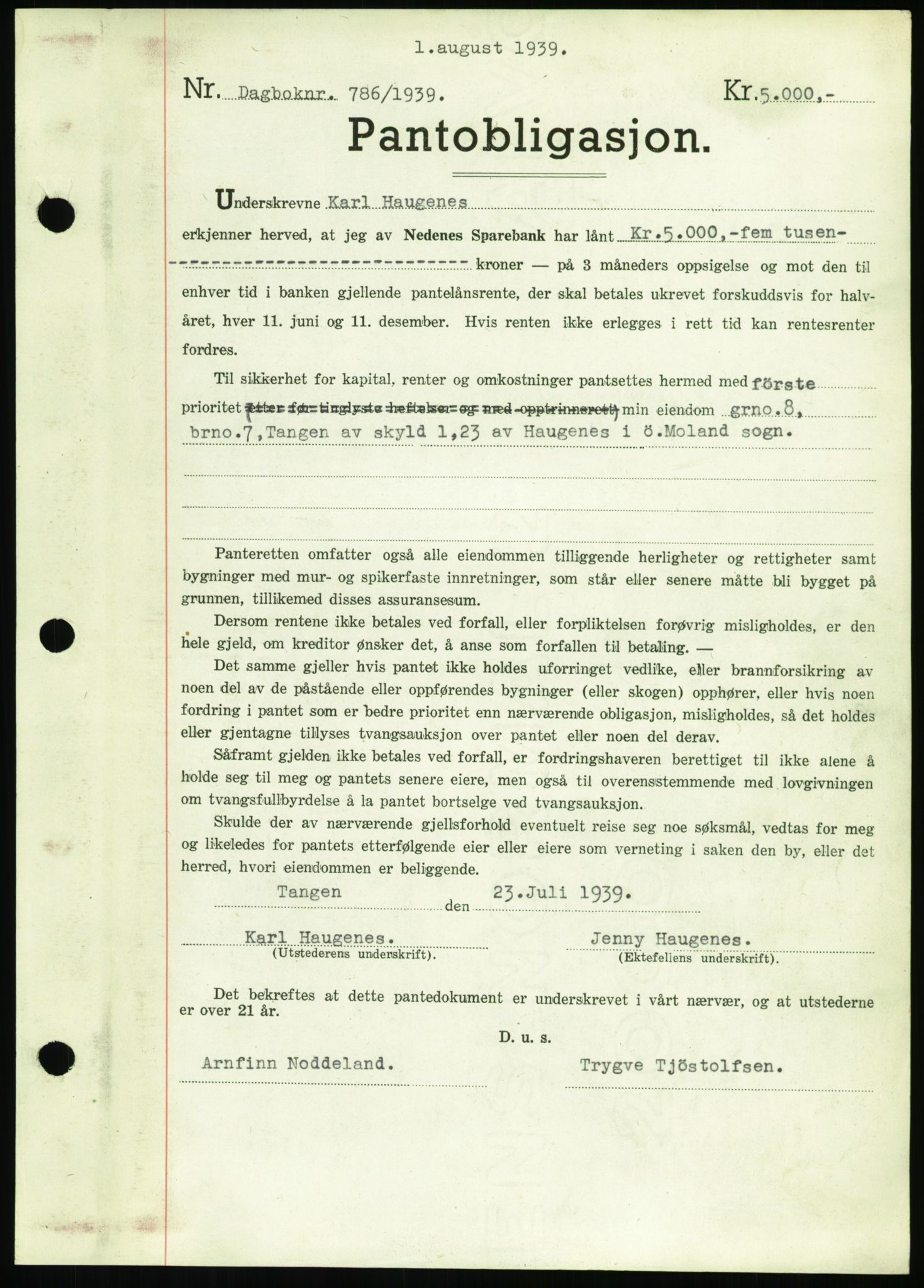 Nedenes sorenskriveri, SAK/1221-0006/G/Gb/Gbb/L0001: Mortgage book no. I, 1939-1942, Diary no: : 786/1939