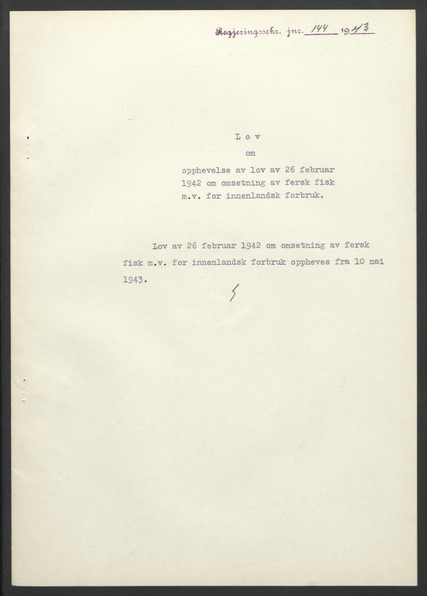 NS-administrasjonen 1940-1945 (Statsrådsekretariatet, de kommisariske statsråder mm), AV/RA-S-4279/D/Db/L0099: Lover, 1943, p. 326