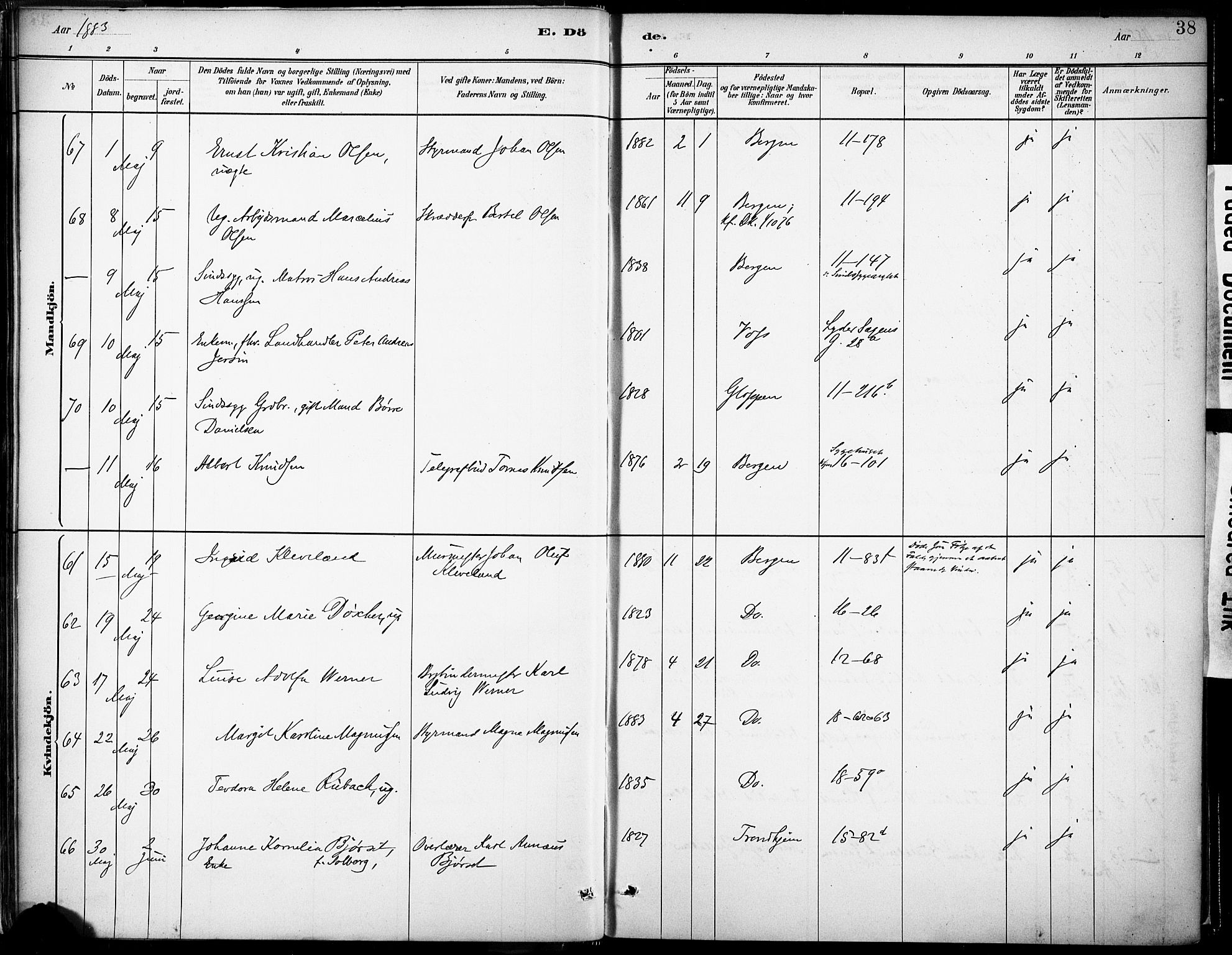 Domkirken sokneprestembete, SAB/A-74801/H/Haa/L0043: Parish register (official) no. E 5, 1882-1904, p. 38