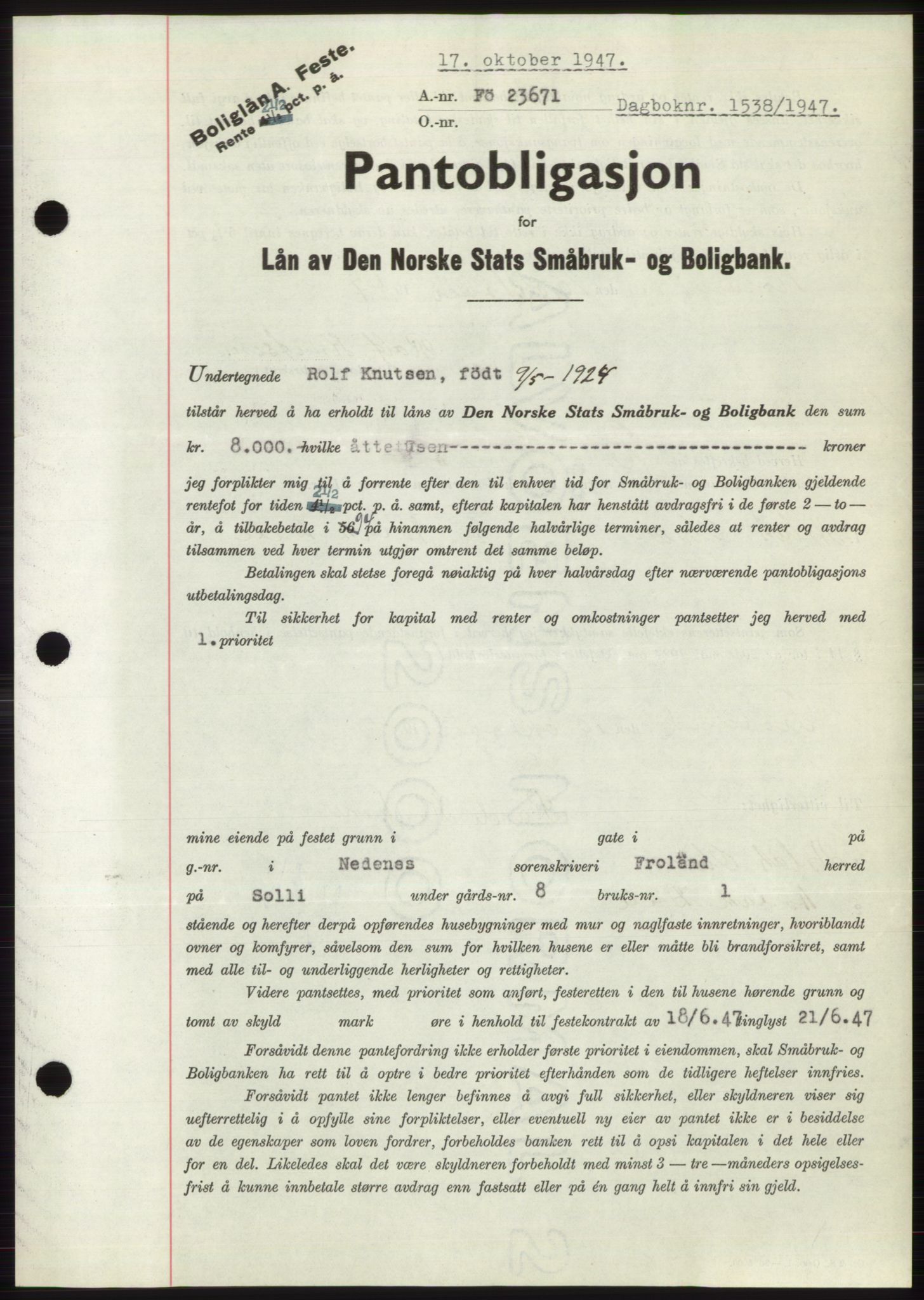 Nedenes sorenskriveri, SAK/1221-0006/G/Gb/Gbb/L0004: Mortgage book no. B4, 1947-1947, Diary no: : 1538/1947