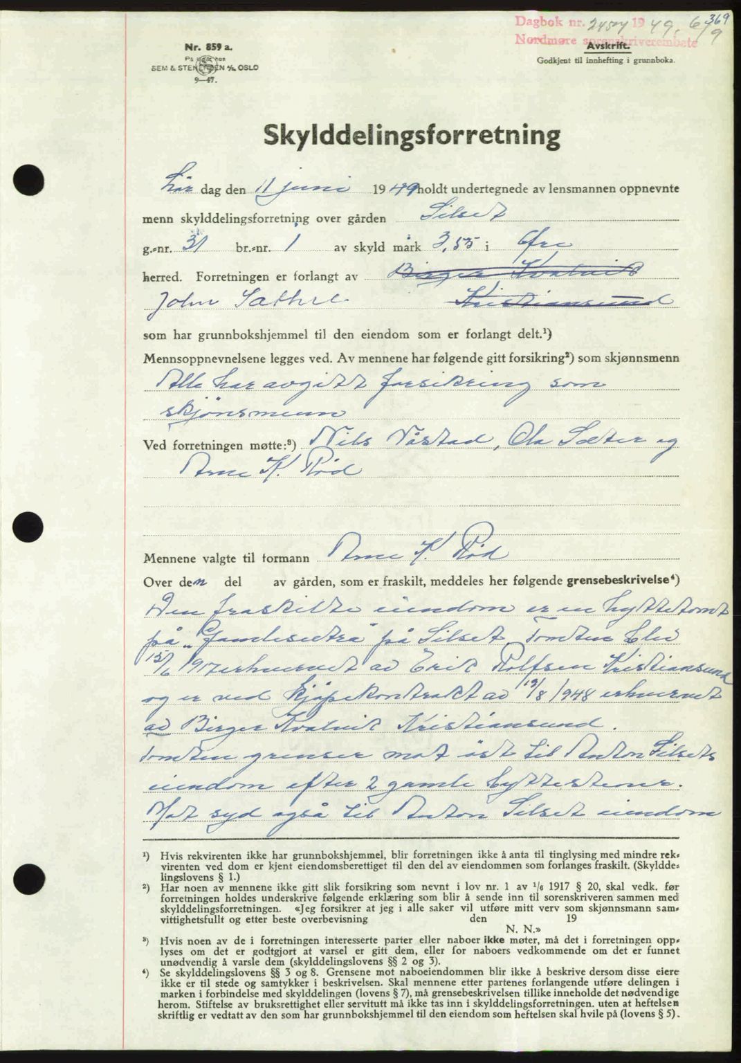 Nordmøre sorenskriveri, AV/SAT-A-4132/1/2/2Ca: Mortgage book no. A112, 1949-1949, Diary no: : 2457/1949