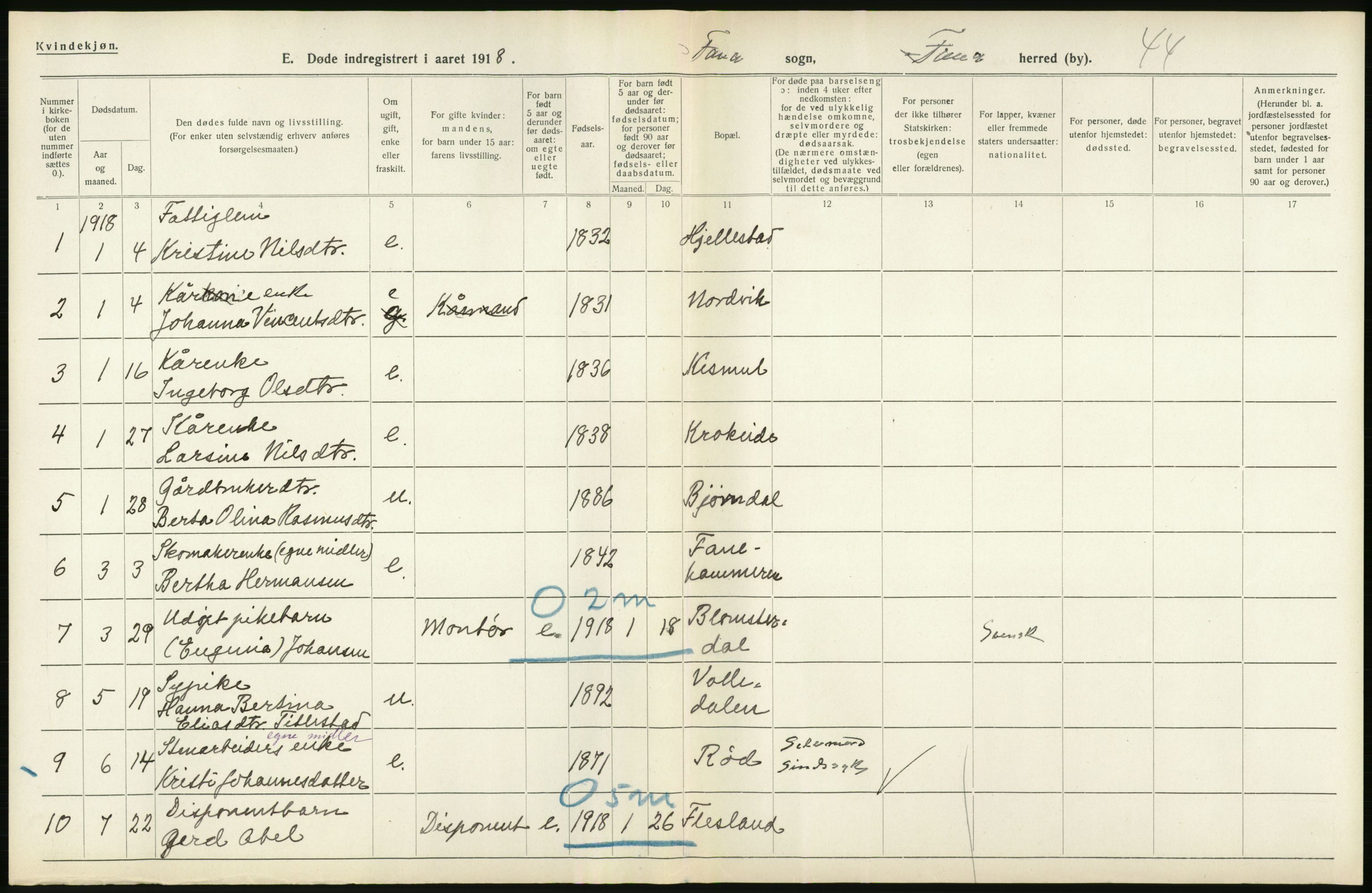 Statistisk sentralbyrå, Sosiodemografiske emner, Befolkning, AV/RA-S-2228/D/Df/Dfb/Dfbh/L0036: Hordaland fylke: Døde., 1918, p. 474