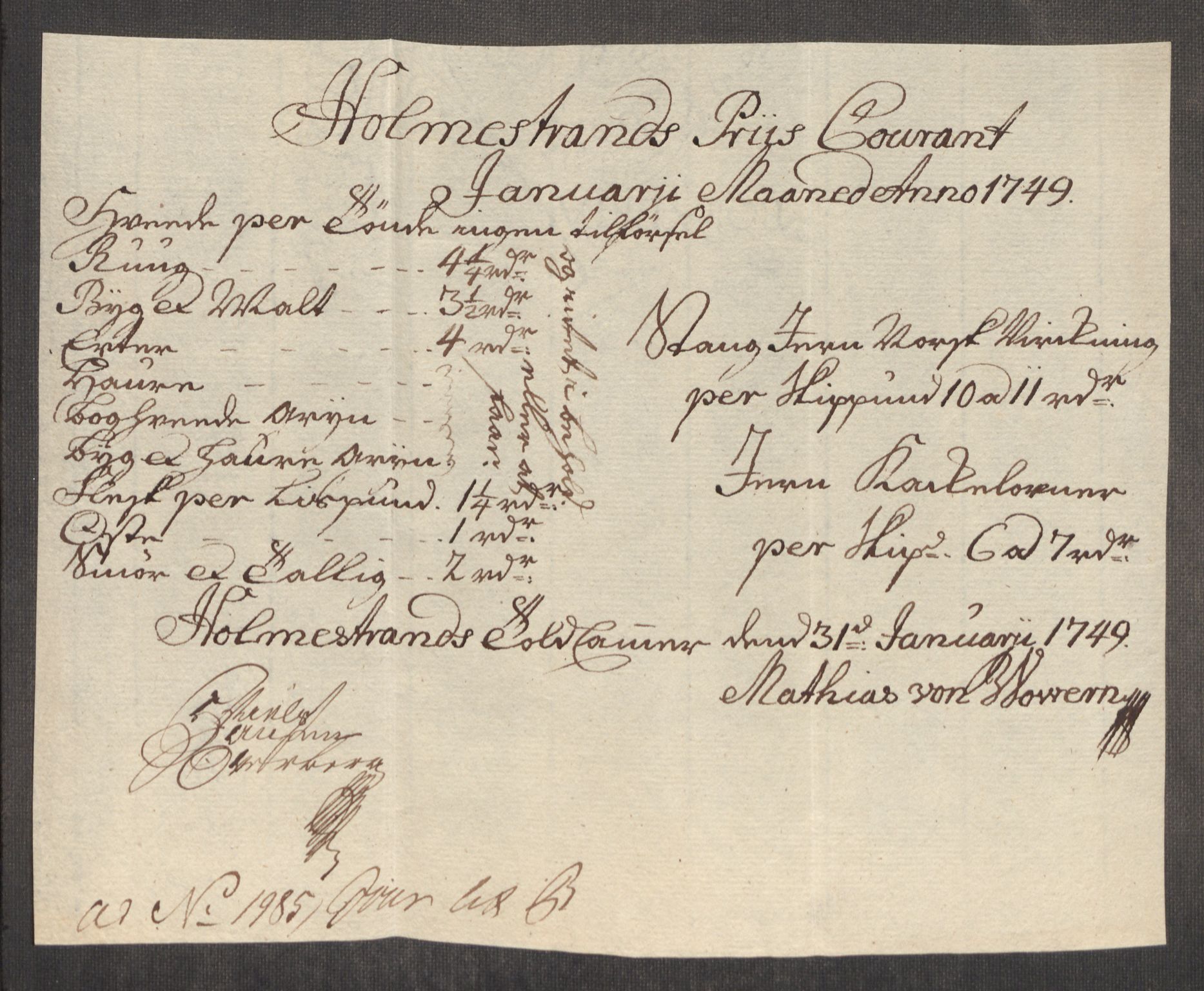 Rentekammeret inntil 1814, Realistisk ordnet avdeling, RA/EA-4070/Oe/L0004: [Ø1]: Priskuranter, 1749-1752, p. 70