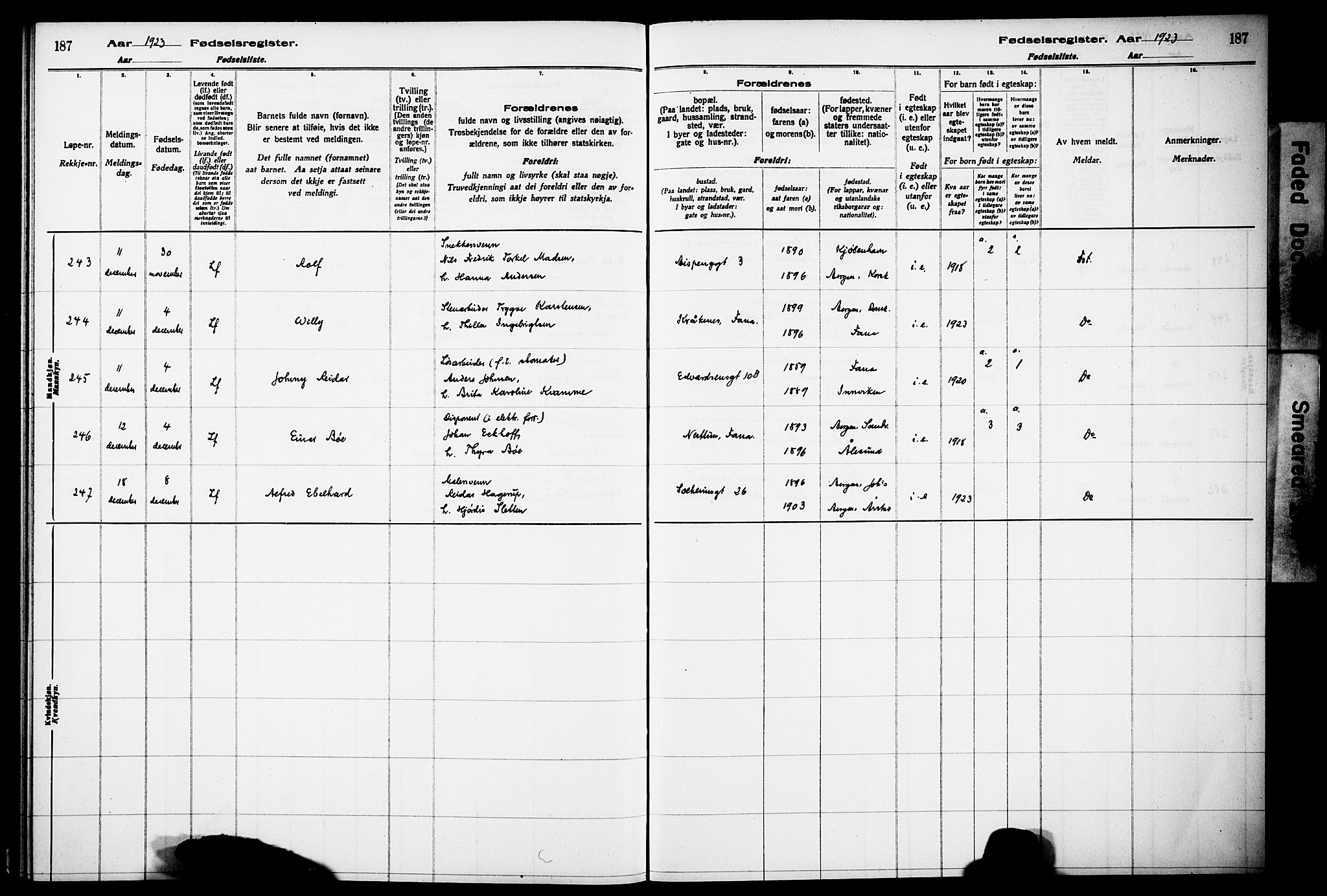 Kvinneklinikken, AV/SAB-A-76301/F/L0A02: Birth register no. A 2, 1920-1924, p. 187