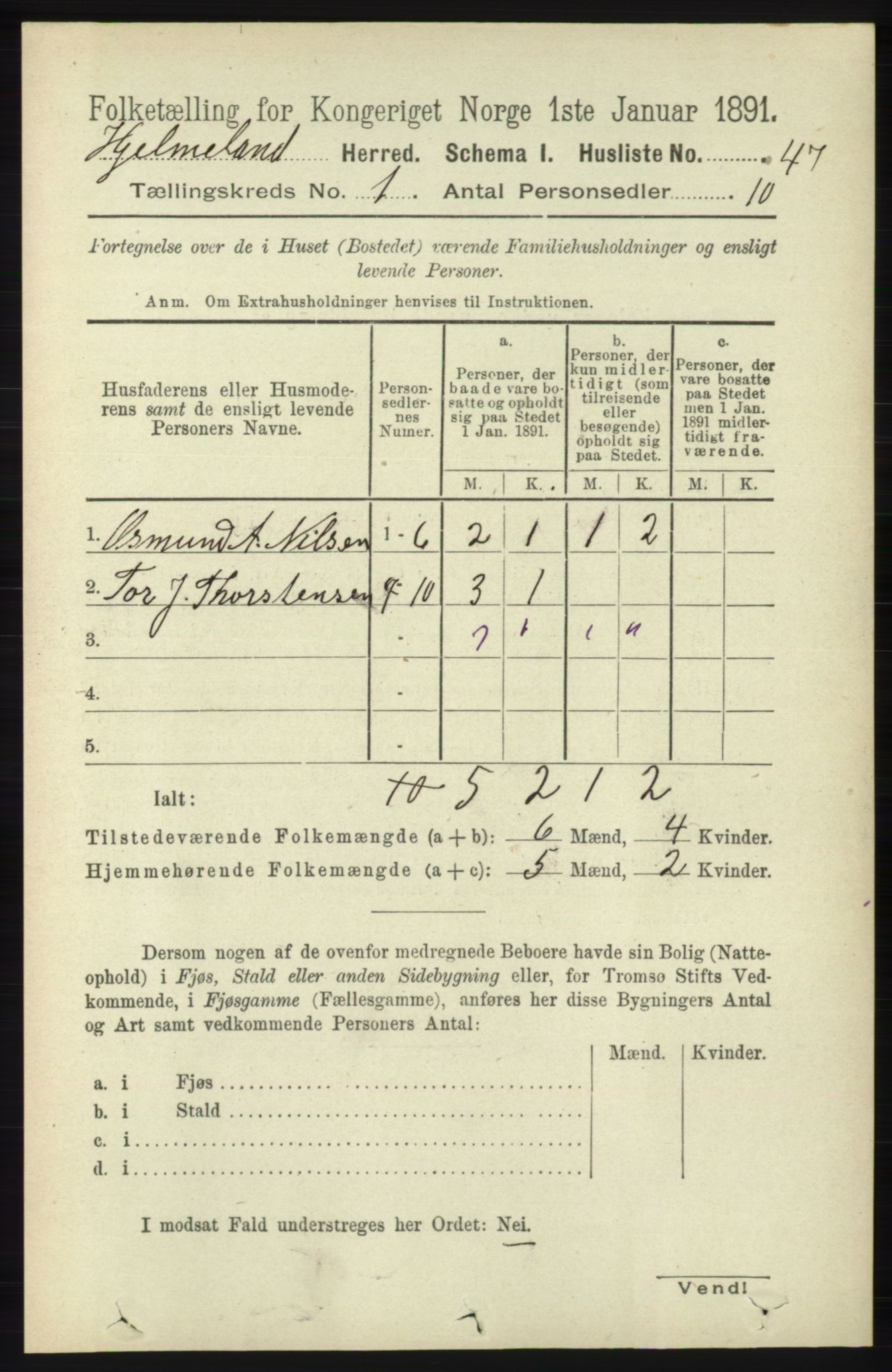 RA, 1891 census for 1133 Hjelmeland, 1891, p. 69