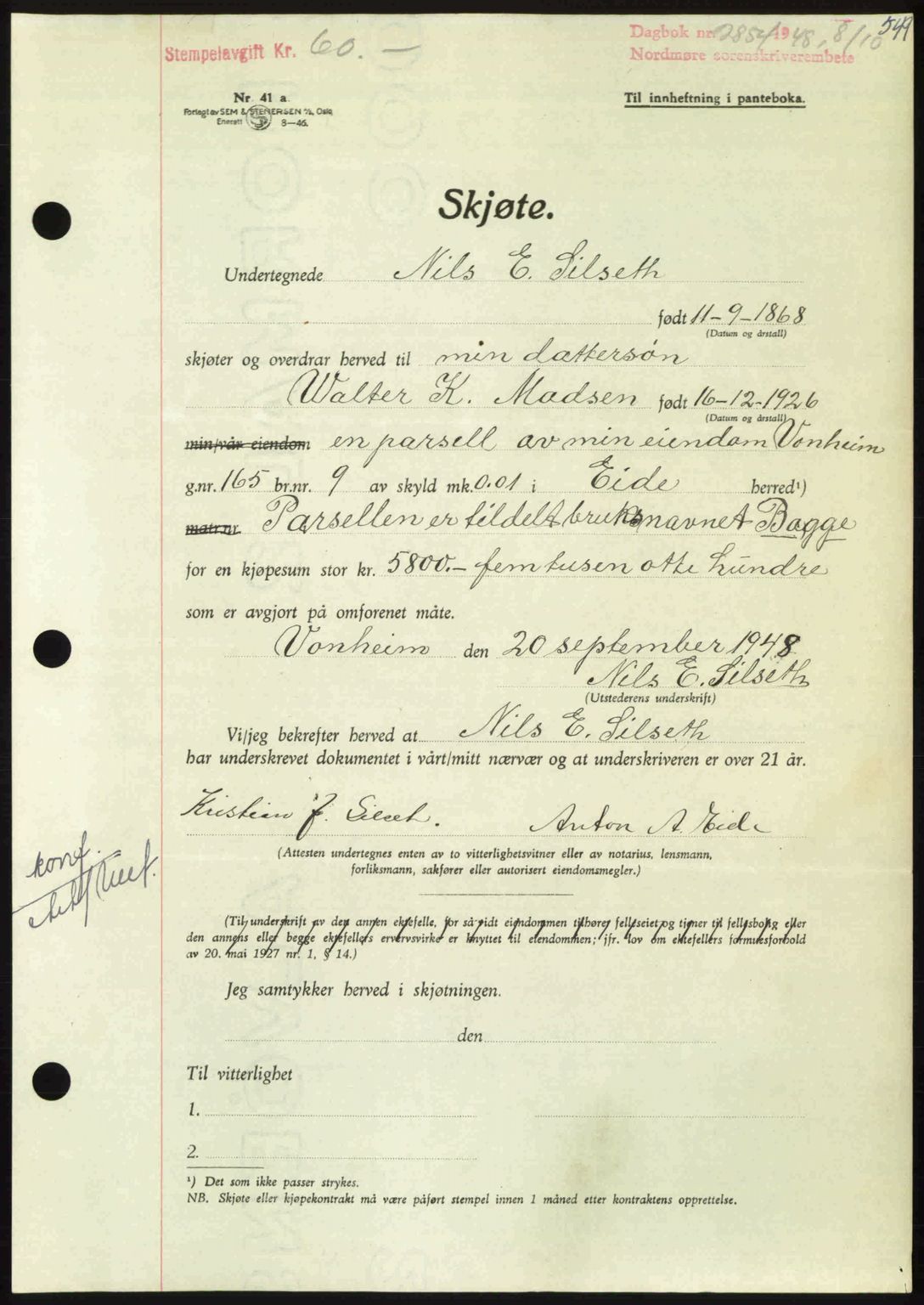 Nordmøre sorenskriveri, AV/SAT-A-4132/1/2/2Ca: Mortgage book no. A109, 1948-1948, Diary no: : 2854/1948