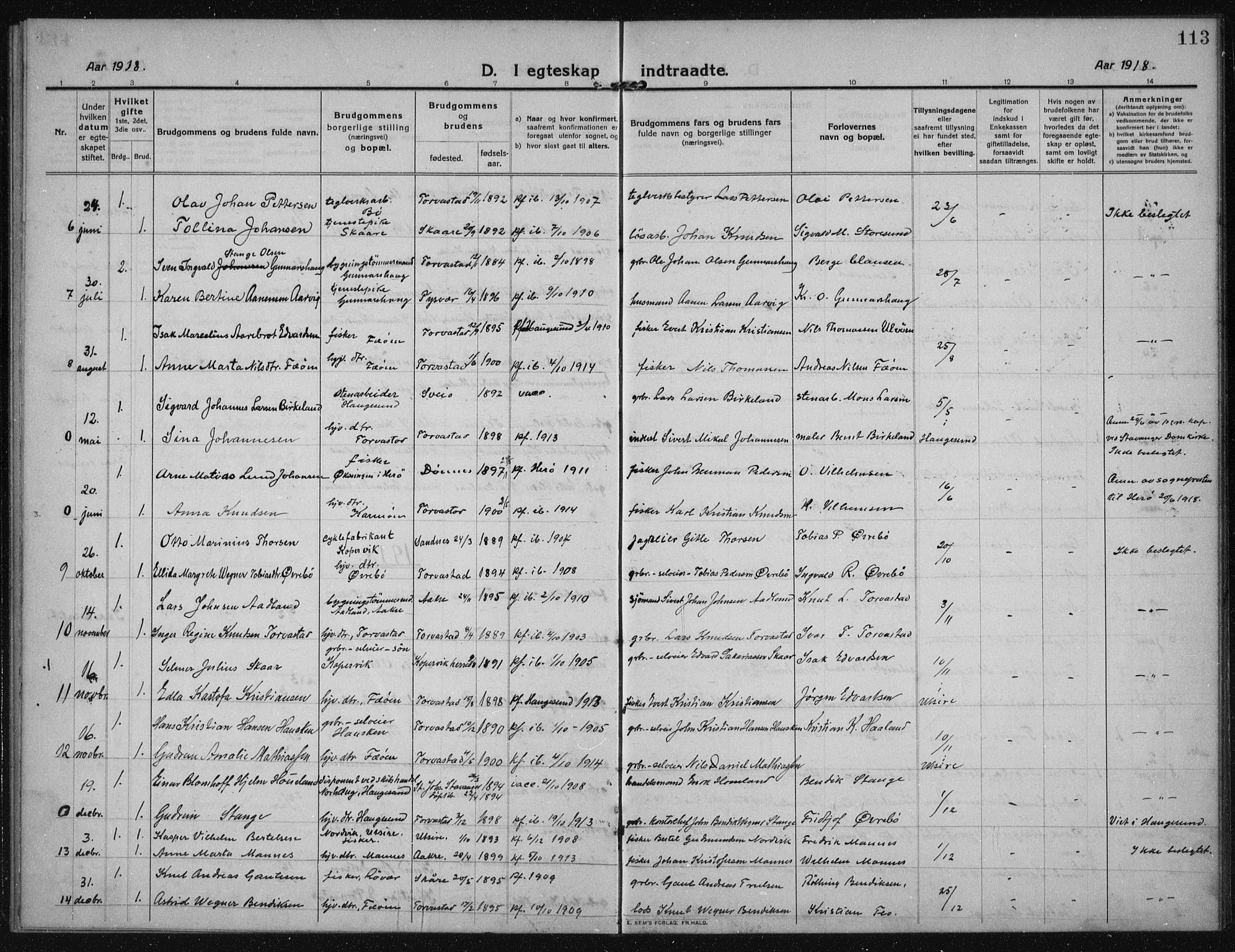 Torvastad sokneprestkontor, SAST/A -101857/H/Ha/Haa/L0019: Parish register (official) no. A 18, 1912-1920, p. 113