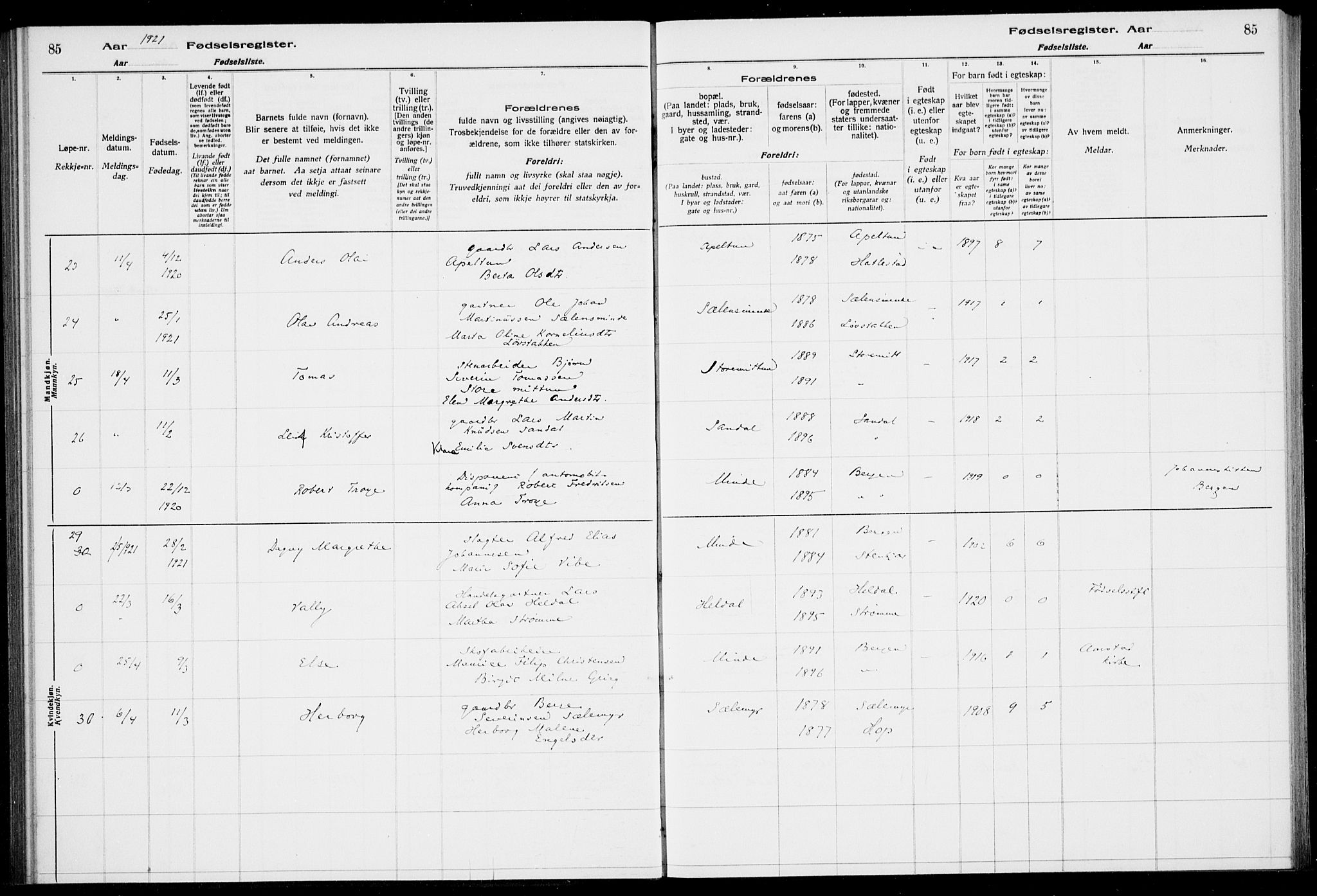 Birkeland Sokneprestembete, AV/SAB-A-74601/I/Id/L00A1: Birth register no. A 1, 1916-1926, p. 85