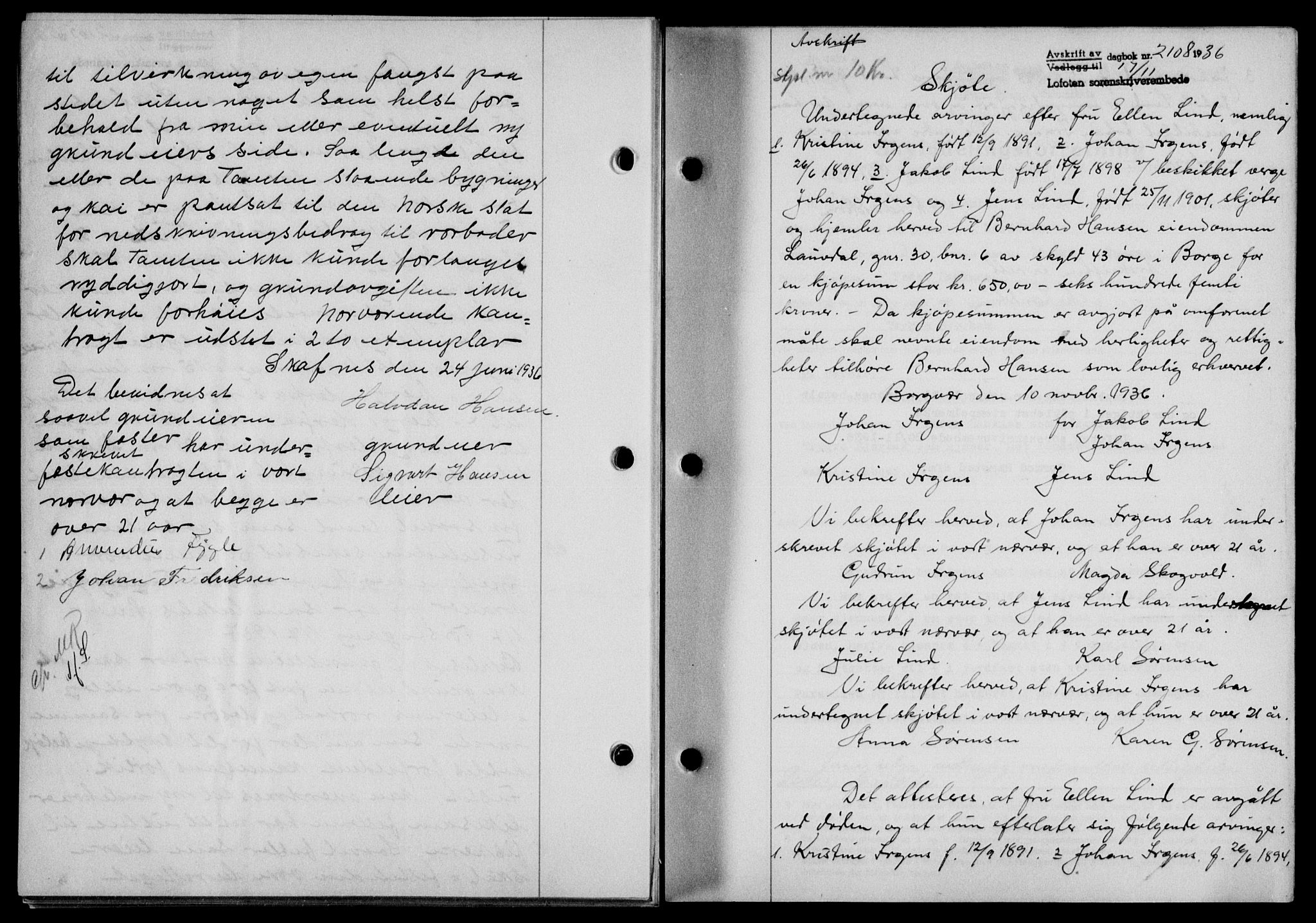 Lofoten sorenskriveri, SAT/A-0017/1/2/2C/L0001a: Mortgage book no. 1a, 1936-1937, Diary no: : 2108/1936