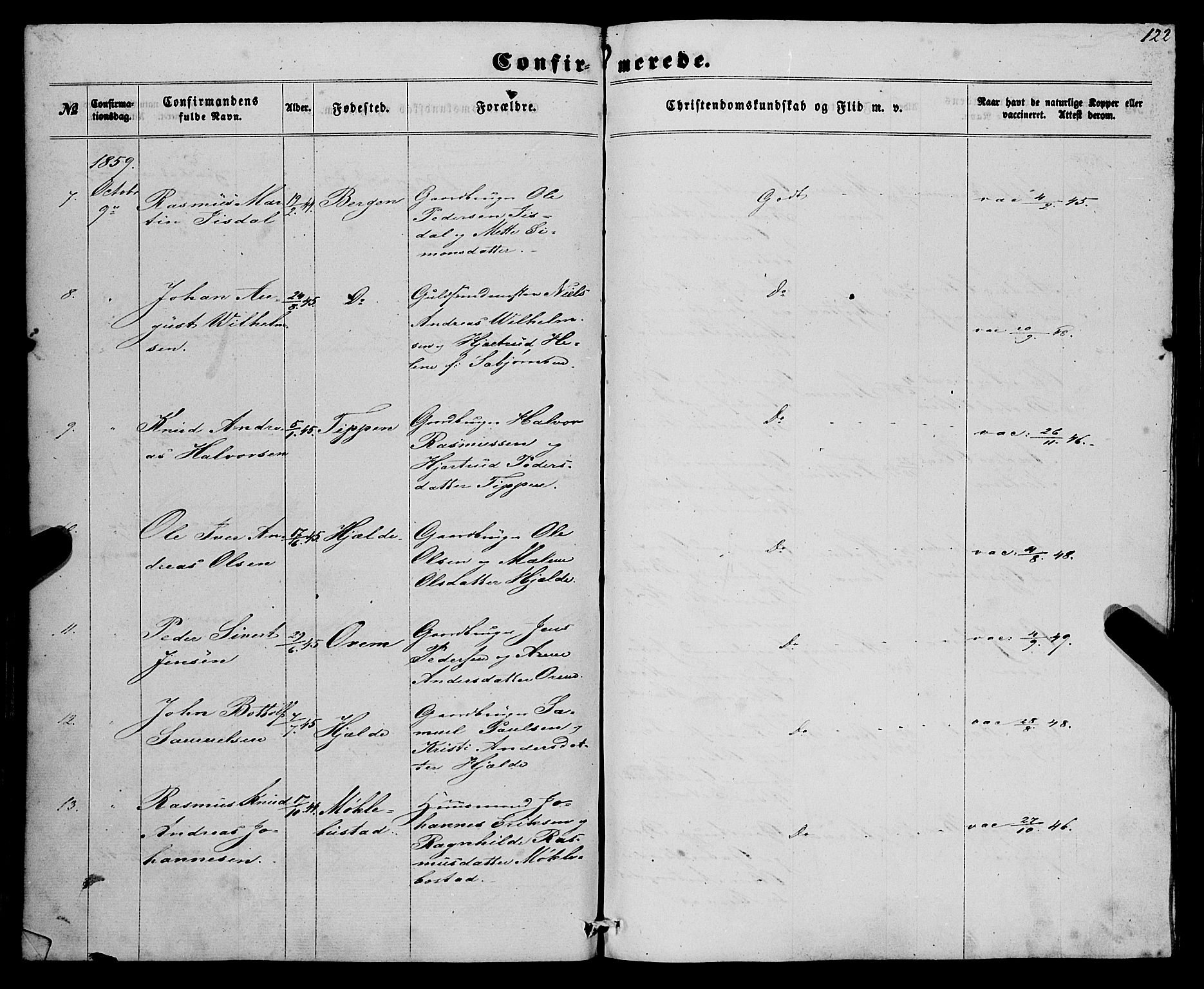 Eid sokneprestembete, SAB/A-82301/H/Haa/Haaa/L0008: Parish register (official) no. A 8, 1858-1860, p. 122