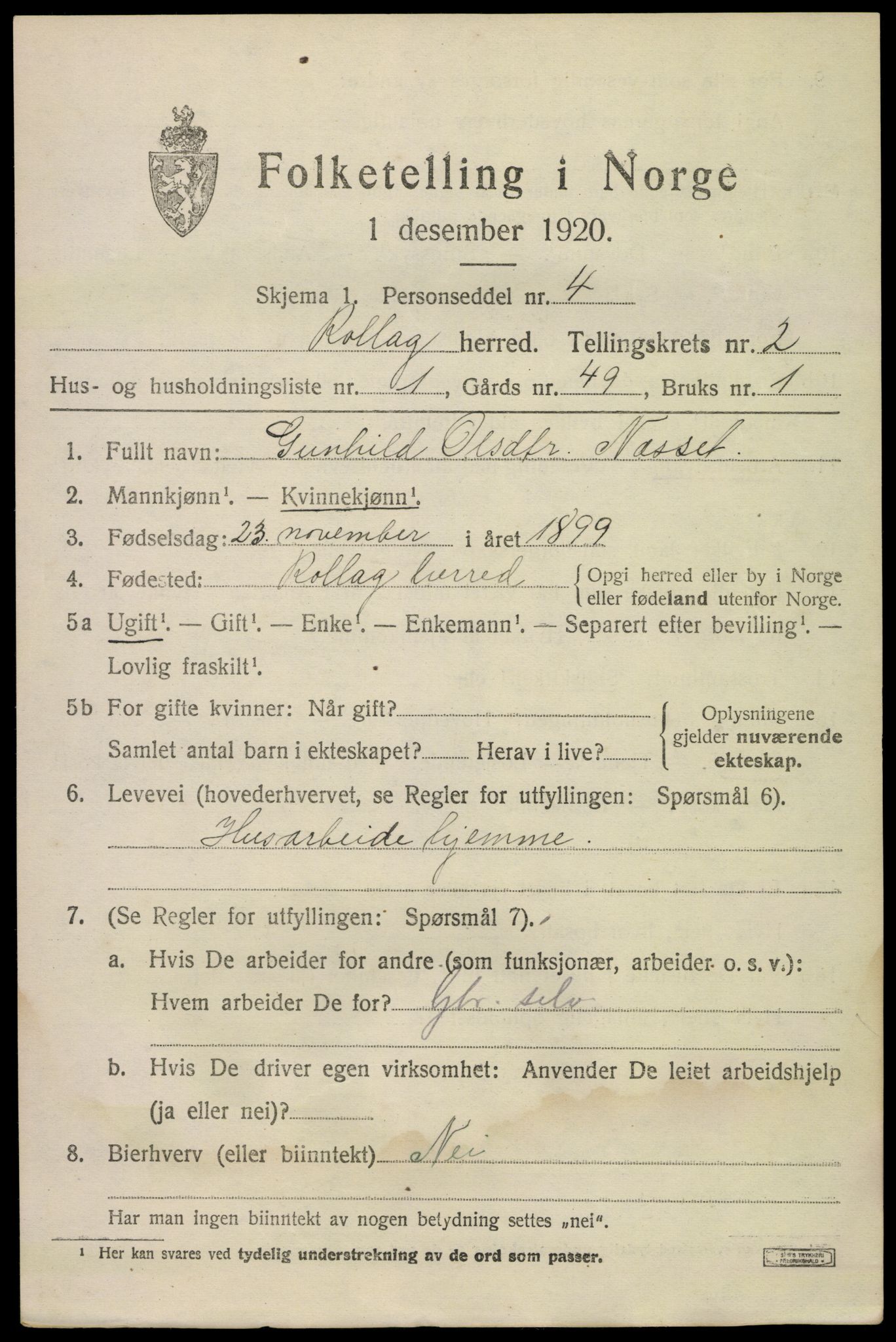 SAKO, 1920 census for Rollag, 1920, p. 960