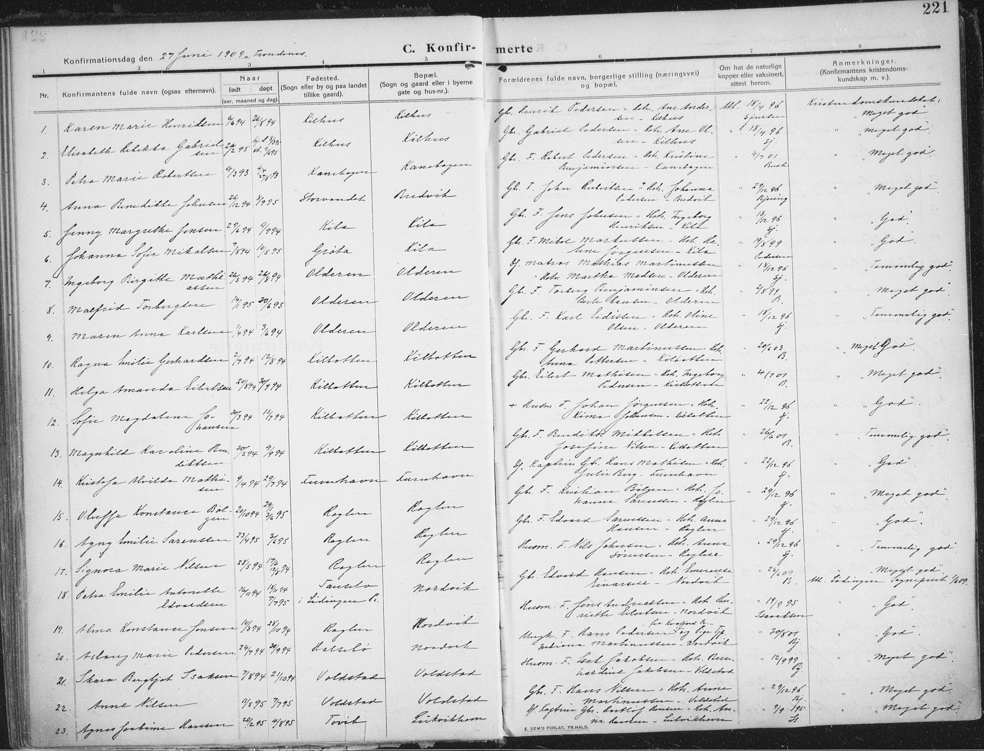 Trondenes sokneprestkontor, SATØ/S-1319/H/Ha/L0018kirke: Parish register (official) no. 18, 1909-1918, p. 221