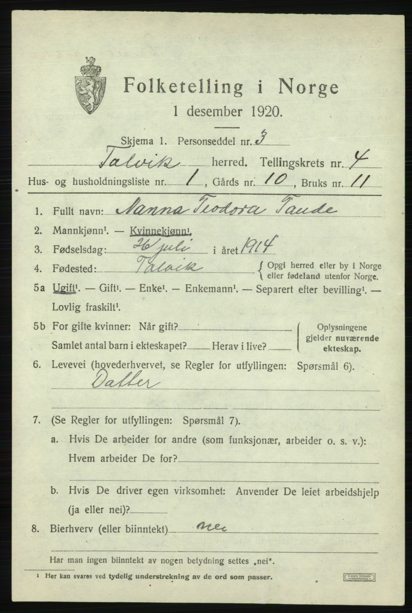 SATØ, 1920 census for Talvik, 1920, p. 2580