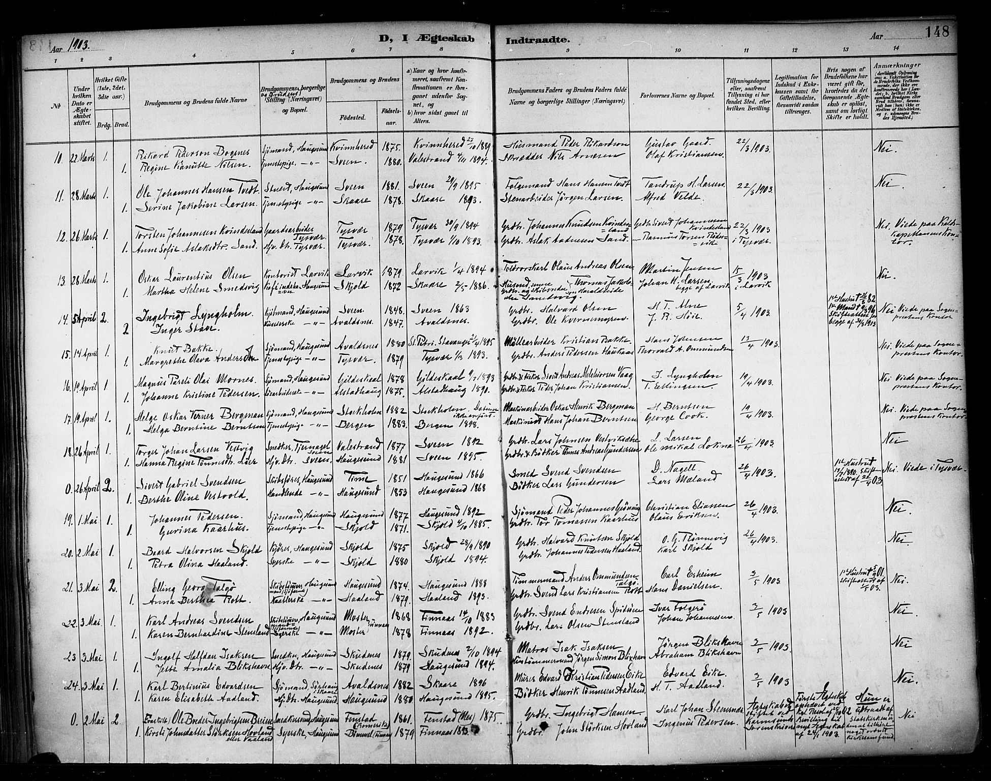 Haugesund sokneprestkontor, AV/SAST-A -101863/H/Ha/Haa/L0005: Parish register (official) no. A 5, 1891-1903, p. 148