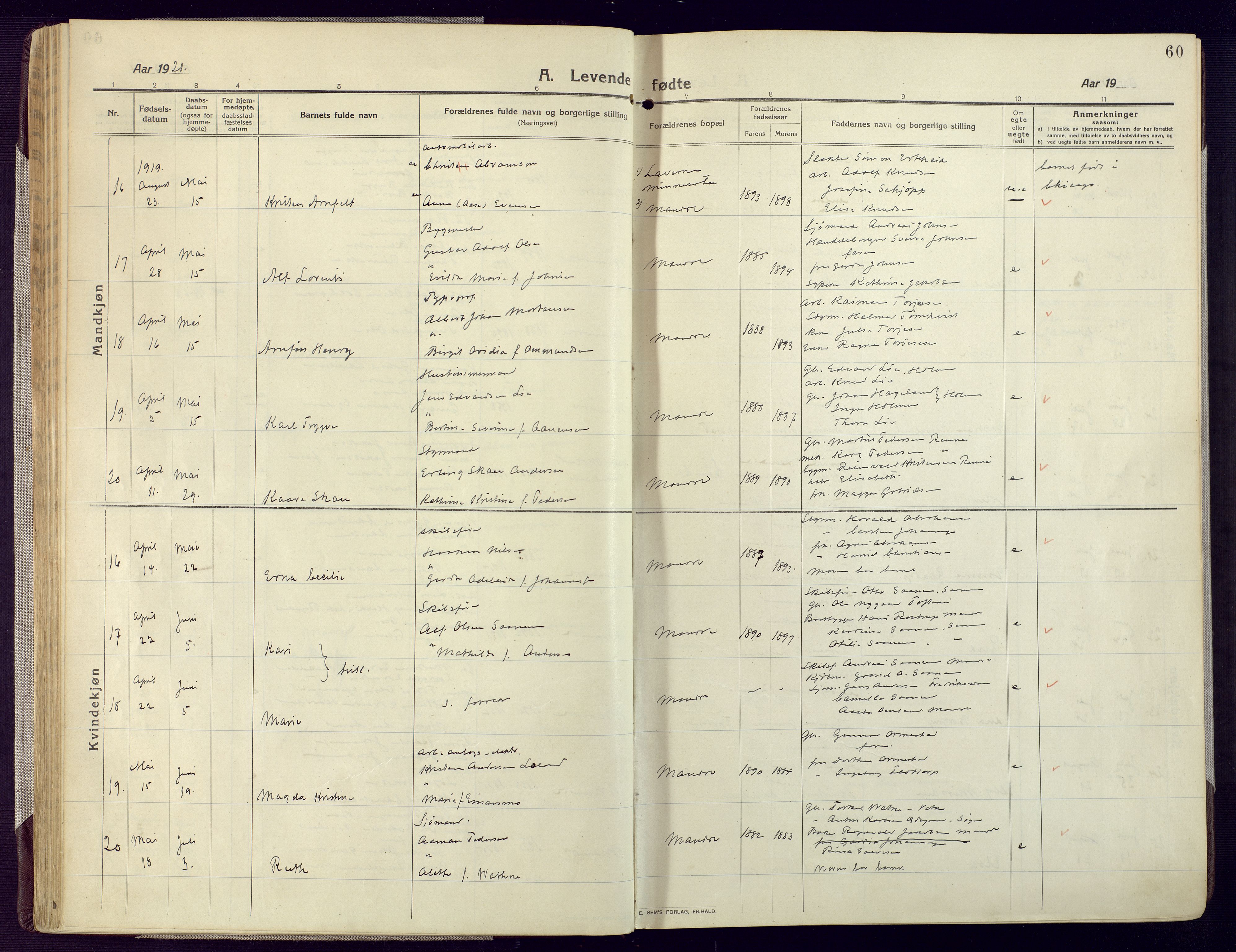 Mandal sokneprestkontor, AV/SAK-1111-0030/F/Fa/Fac/L0001: Parish register (official) no. A 1, 1913-1925, p. 60