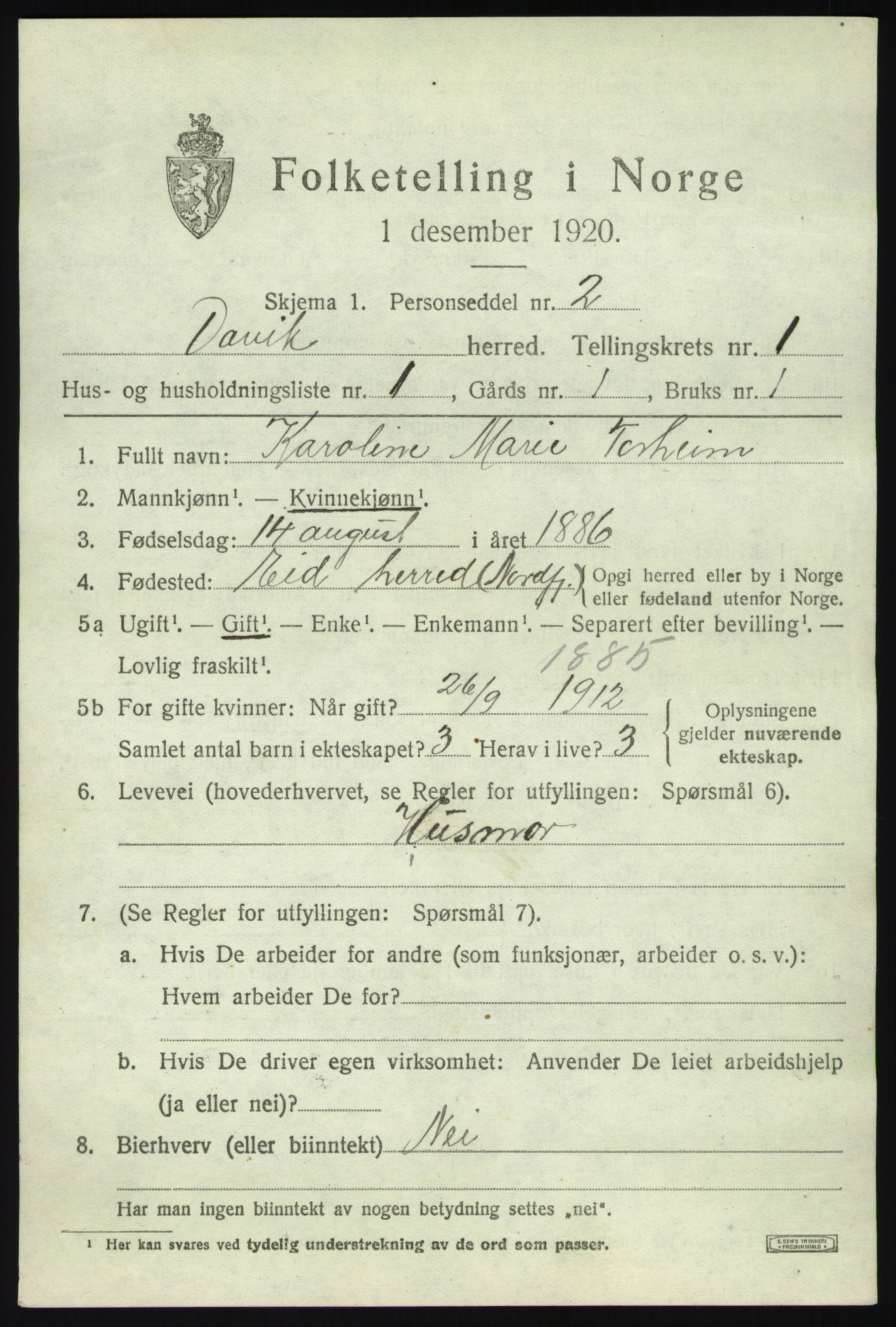 SAB, 1920 census for Davik, 1920, p. 1195