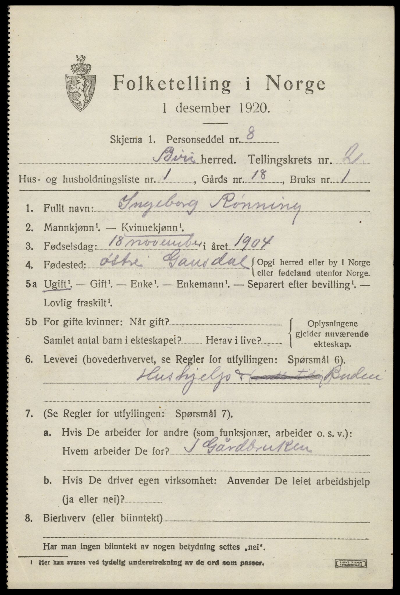 SAH, 1920 census for Biri, 1920, p. 2039