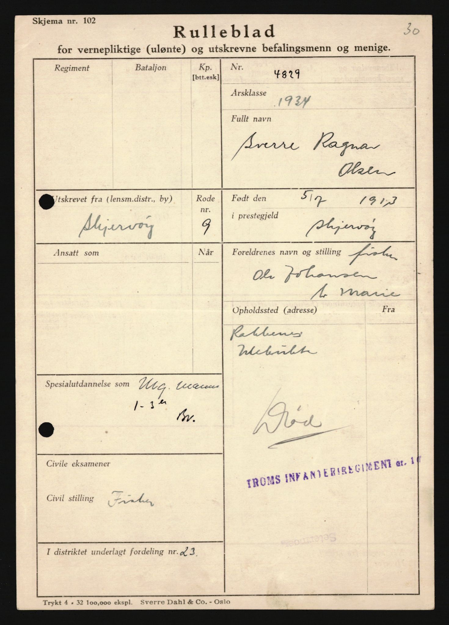 Forsvaret, Troms infanteriregiment nr. 16, AV/RA-RAFA-3146/P/Pa/L0018: Rulleblad for regimentets menige mannskaper, årsklasse 1934, 1934, p. 933