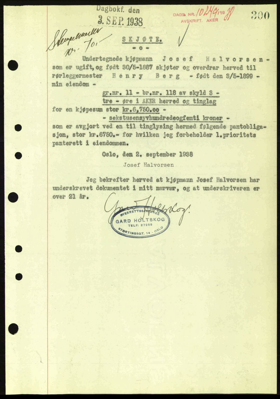 Aker herredsskriveri, SAO/A-10896/G/Gb/Gba/Gbab/L0025: Mortgage book no. A154-155, 1938-1938, Diary no: : 10249/1938
