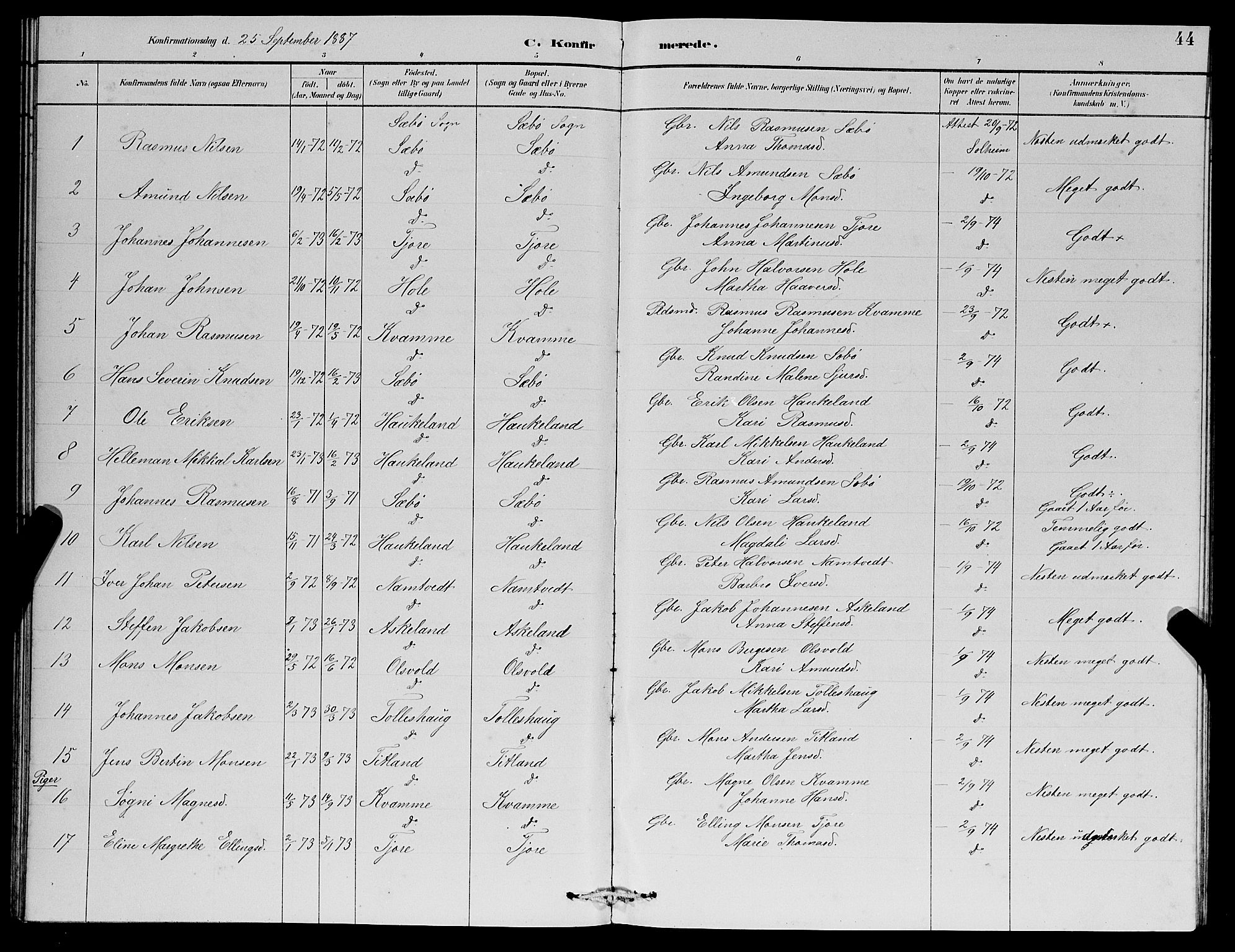 Manger sokneprestembete, AV/SAB-A-76801/H/Hab: Parish register (copy) no. D 2, 1883-1894, p. 44