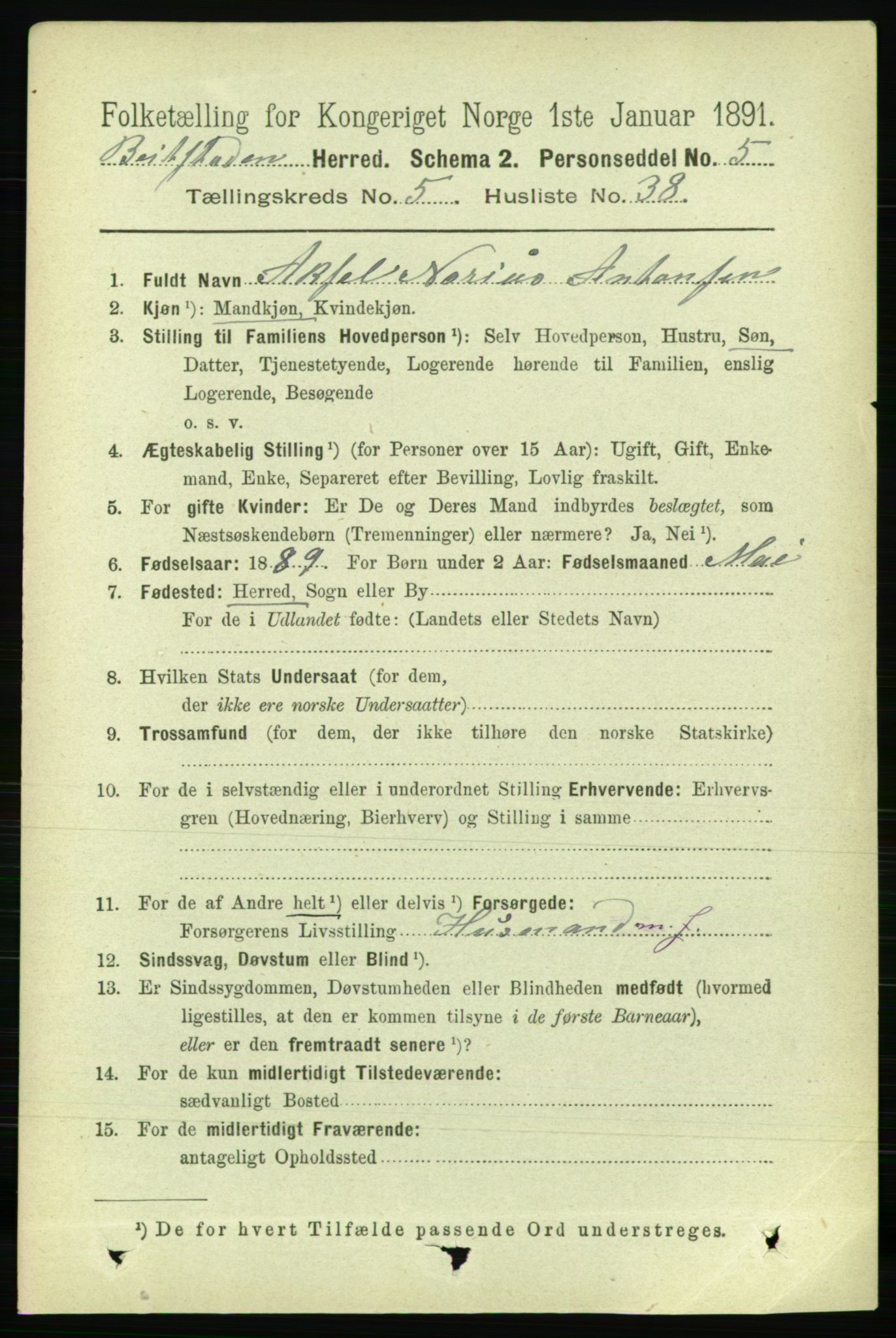 RA, 1891 census for 1727 Beitstad, 1891, p. 1495