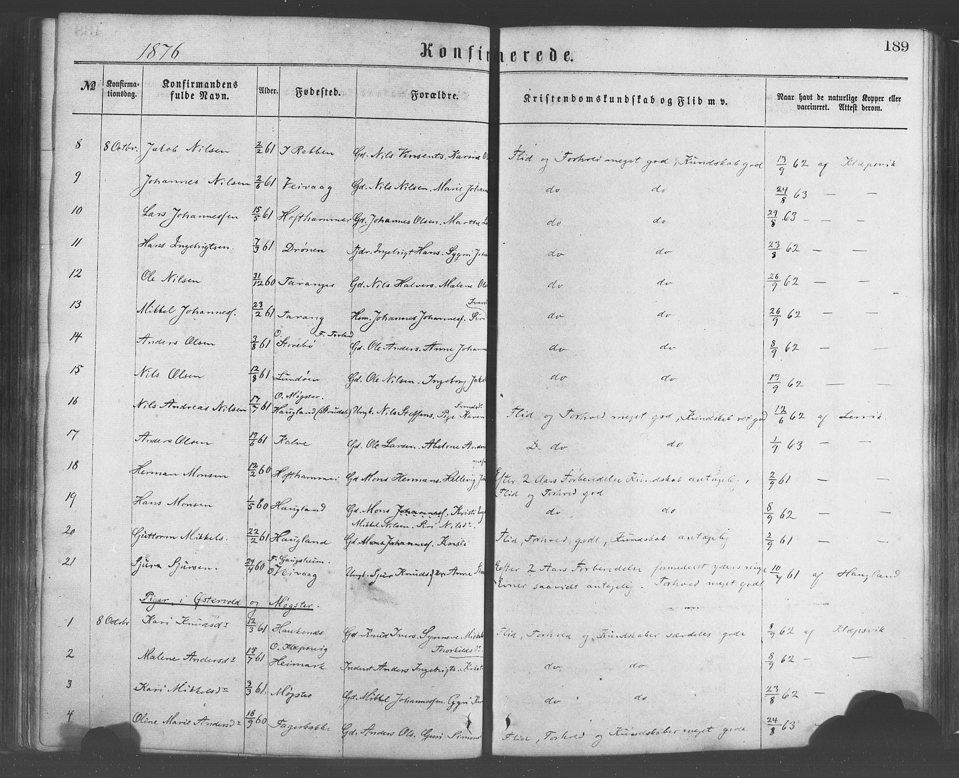 Sund sokneprestembete, AV/SAB-A-99930: Parish register (official) no. A 15, 1867-1881, p. 189