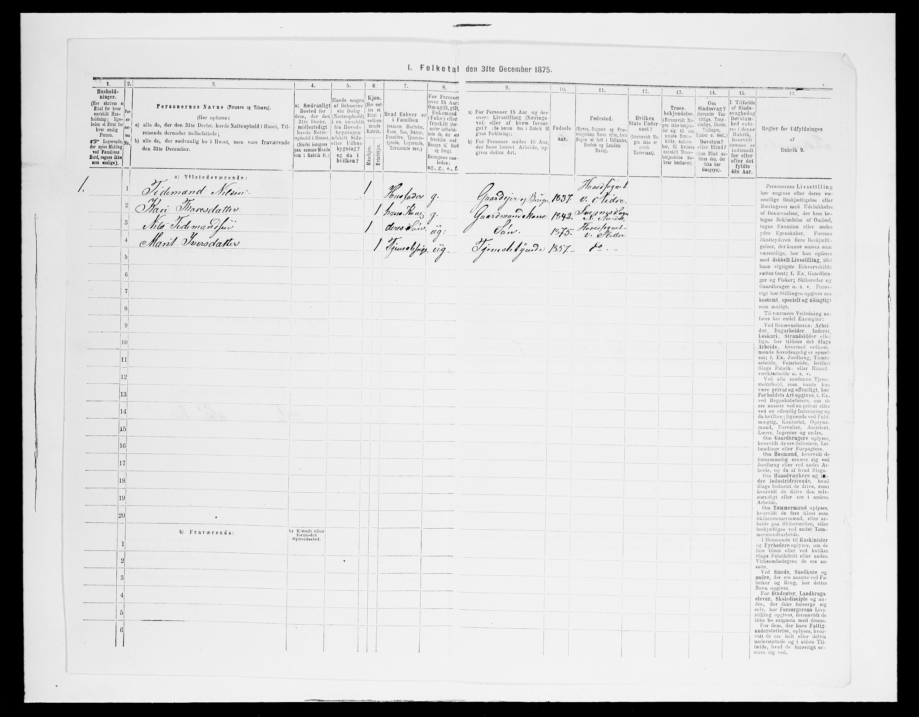 SAH, 1875 census for 0543P Vestre Slidre, 1875, p. 657