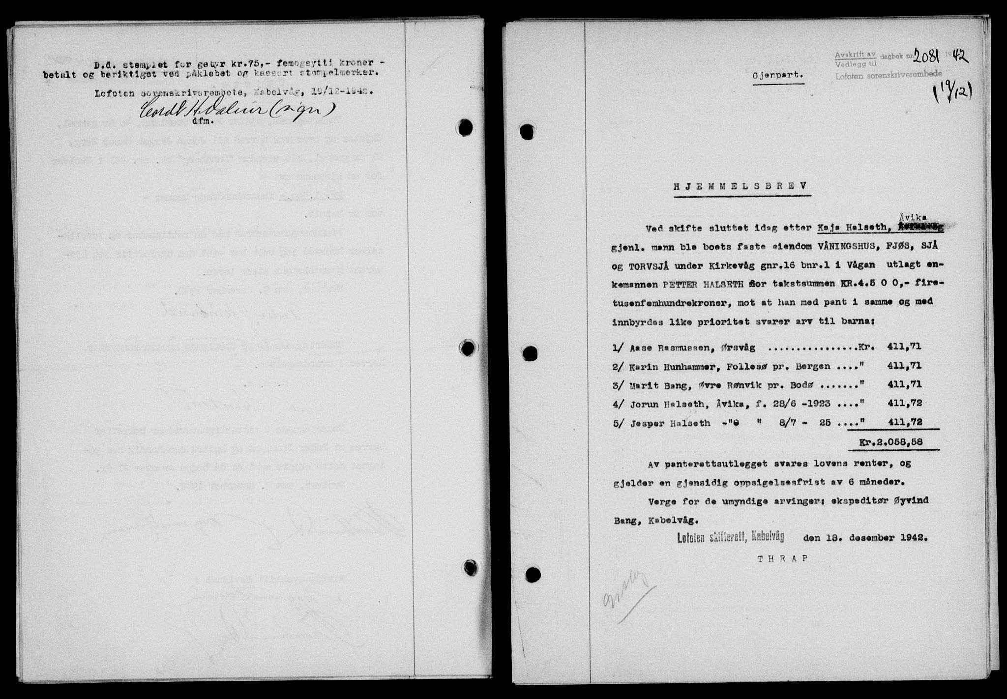 Lofoten sorenskriveri, SAT/A-0017/1/2/2C/L0010a: Mortgage book no. 10a, 1942-1943, Diary no: : 2081/1942