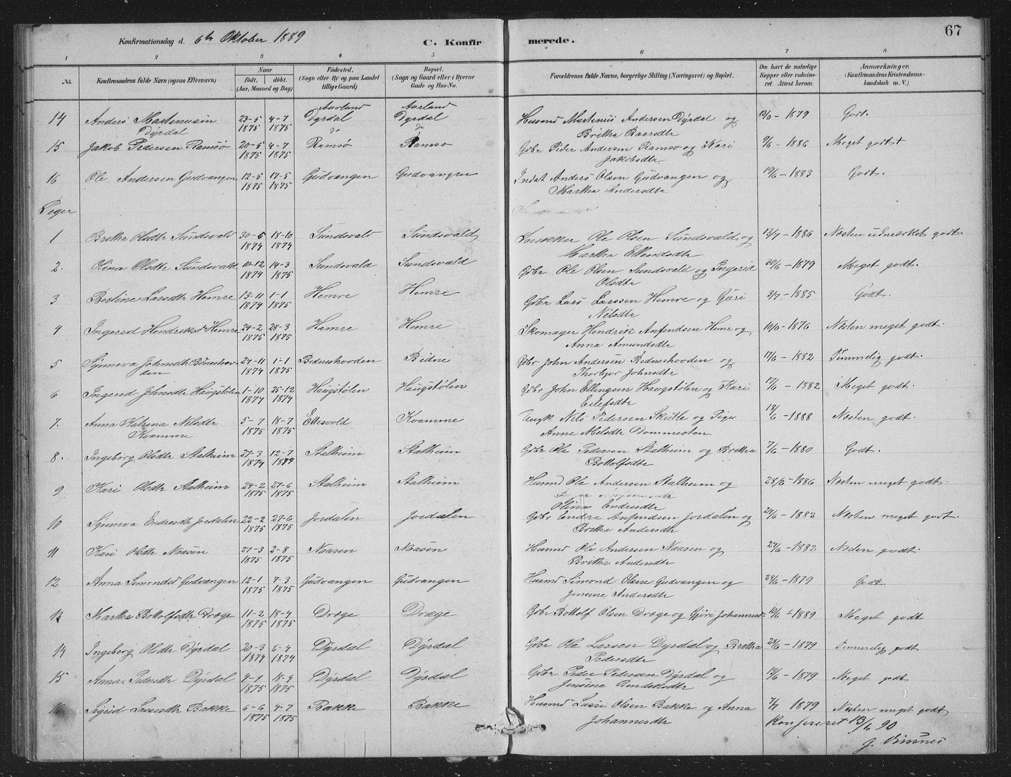 Vossestrand Sokneprestembete, SAB/A-79101/H/Hab: Parish register (copy) no. A 2, 1880-1902, p. 67