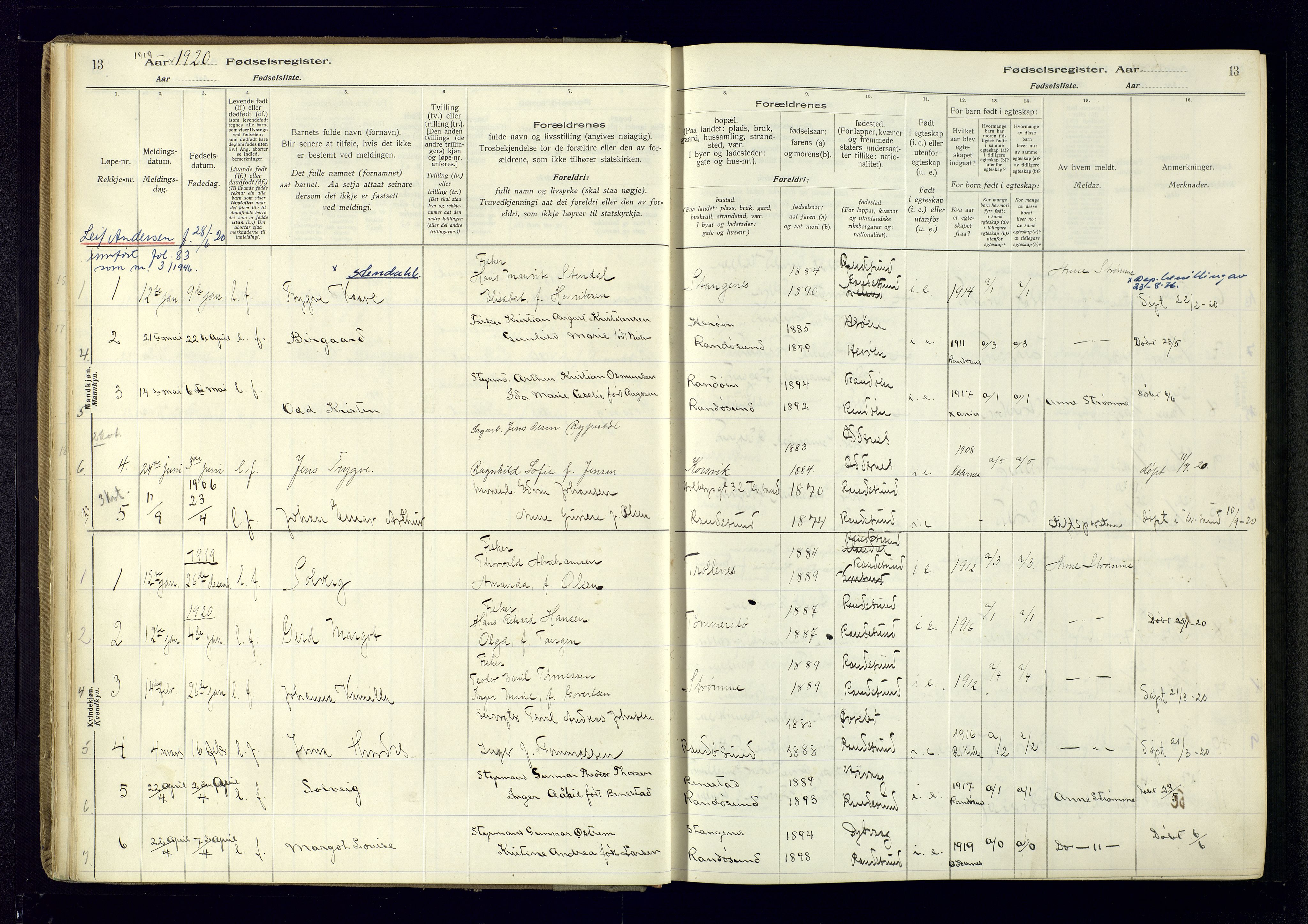 Oddernes sokneprestkontor, AV/SAK-1111-0033/J/Ja/L0007: Birth register no. 7, 1916-1971, p. 13