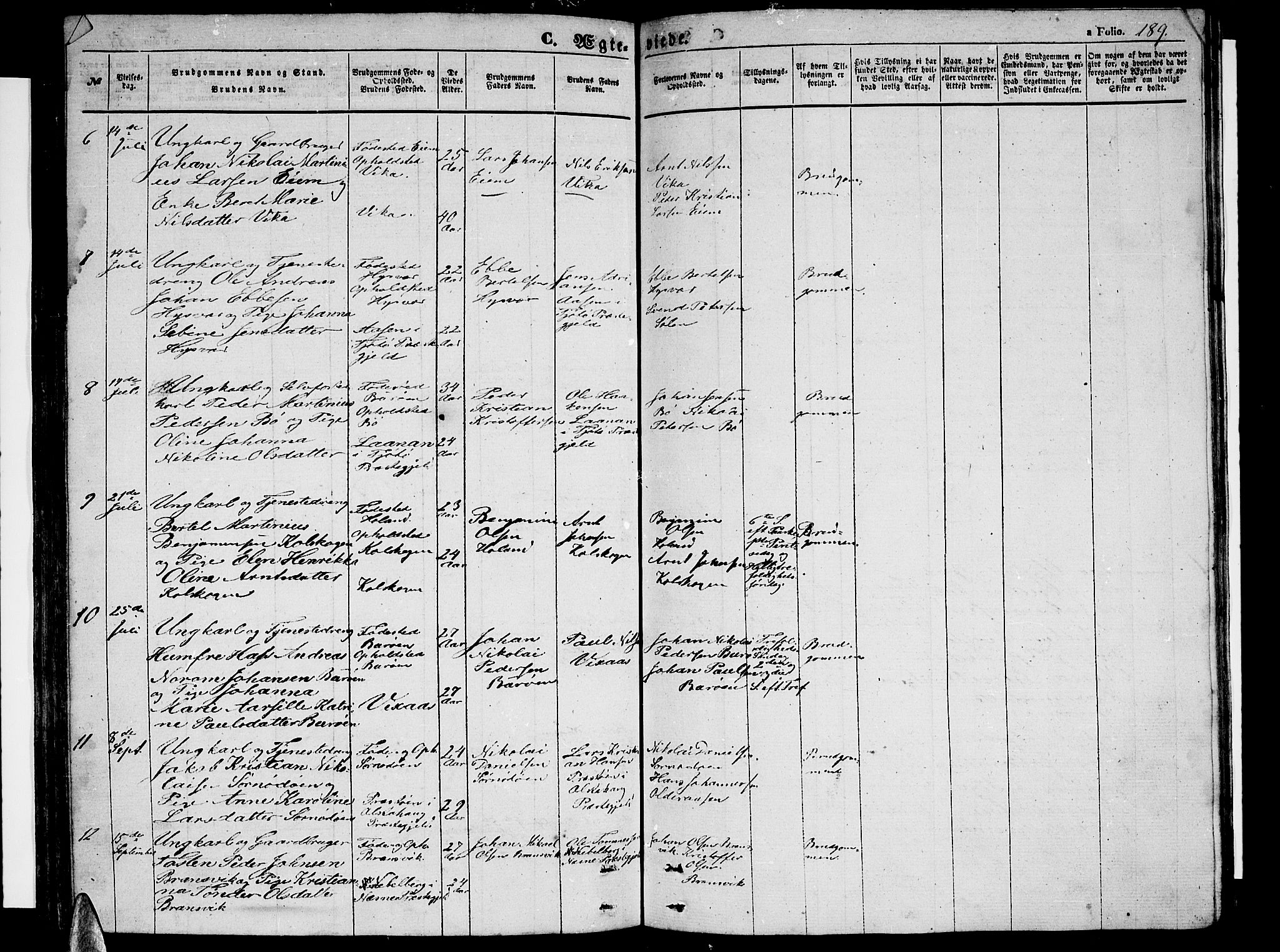 Ministerialprotokoller, klokkerbøker og fødselsregistre - Nordland, AV/SAT-A-1459/816/L0251: Parish register (copy) no. 816C01, 1852-1870, p. 189